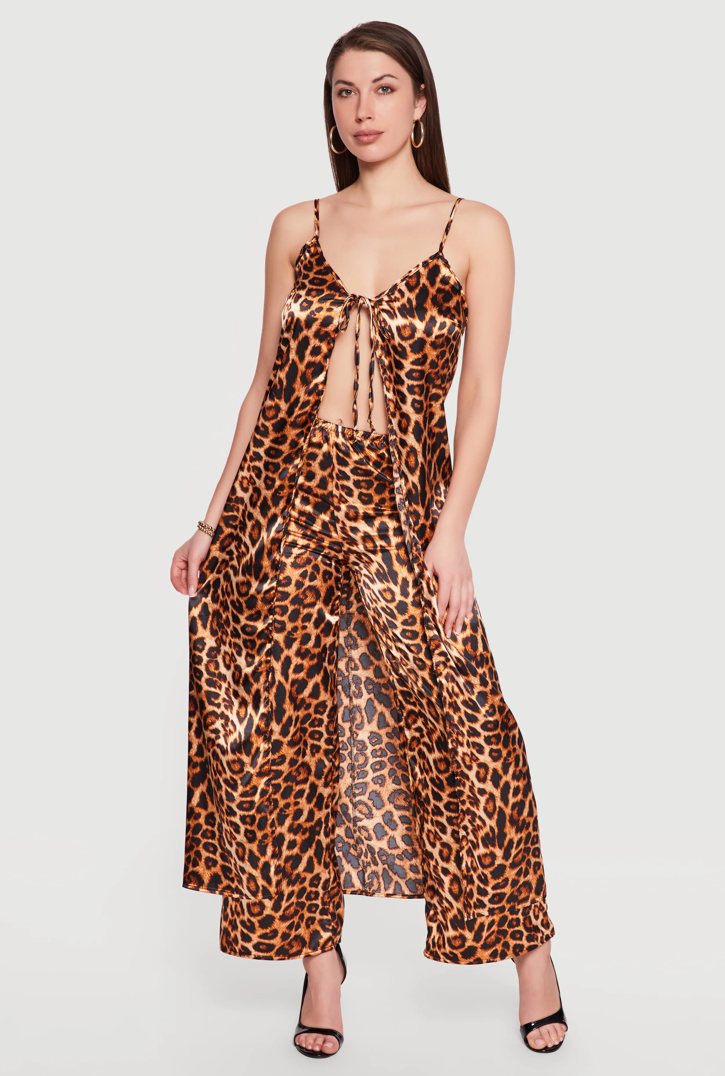 Sleeveless Leopard Print Tie Front Maxi Top
