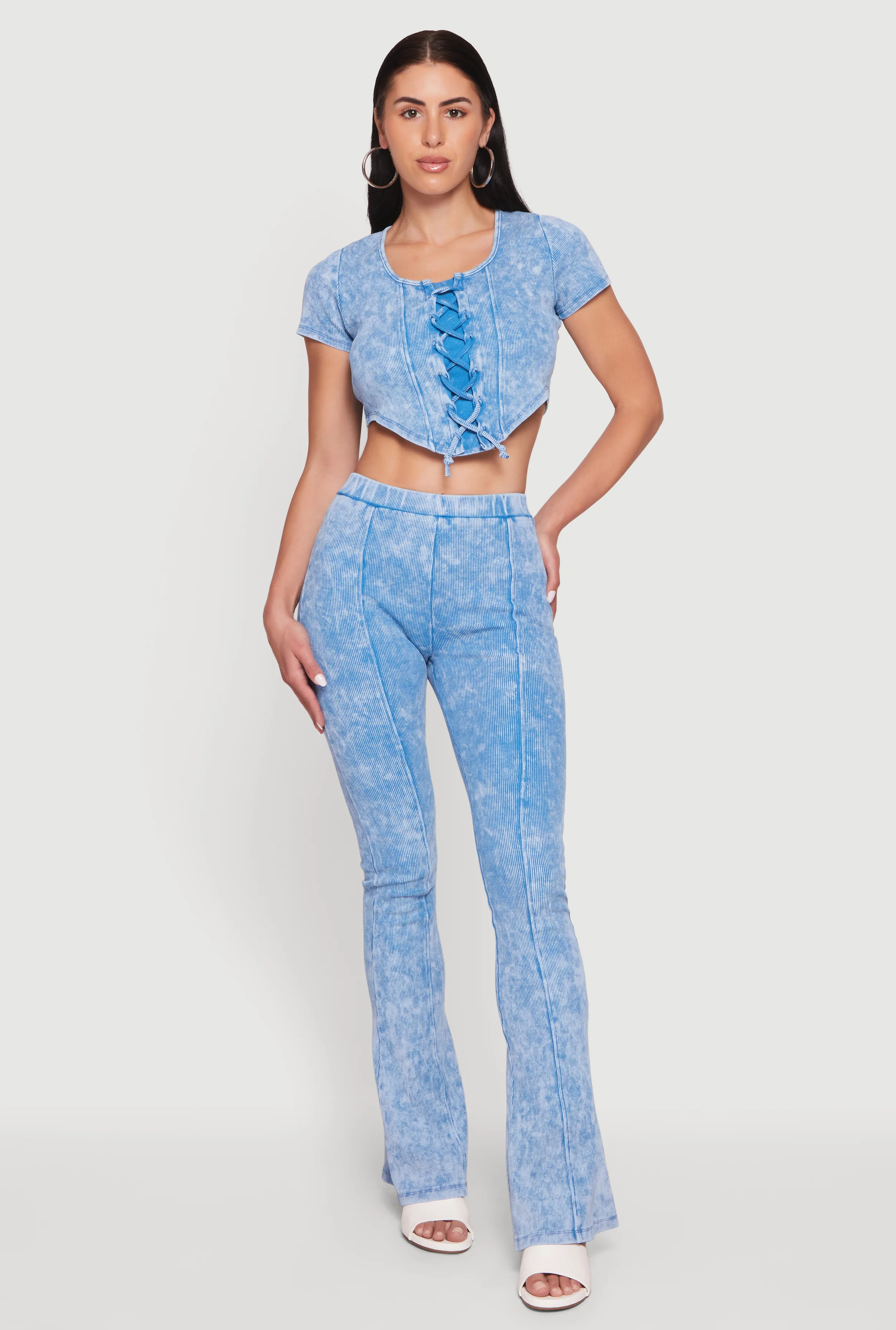 High Waisted Compression Rib Acid Wash Flare Pants