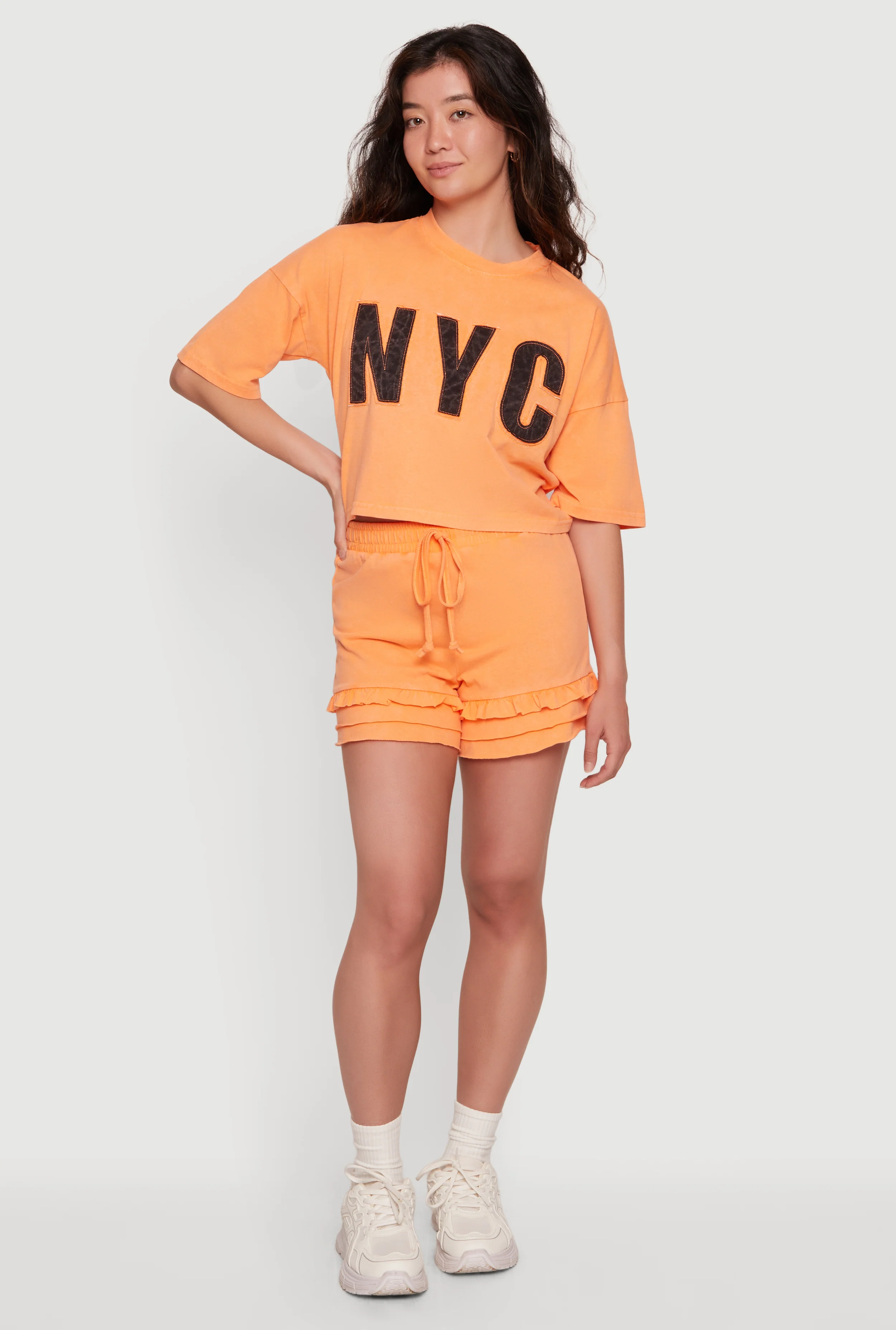 Acid Wash High Waisted Ruffle Trim Shorts