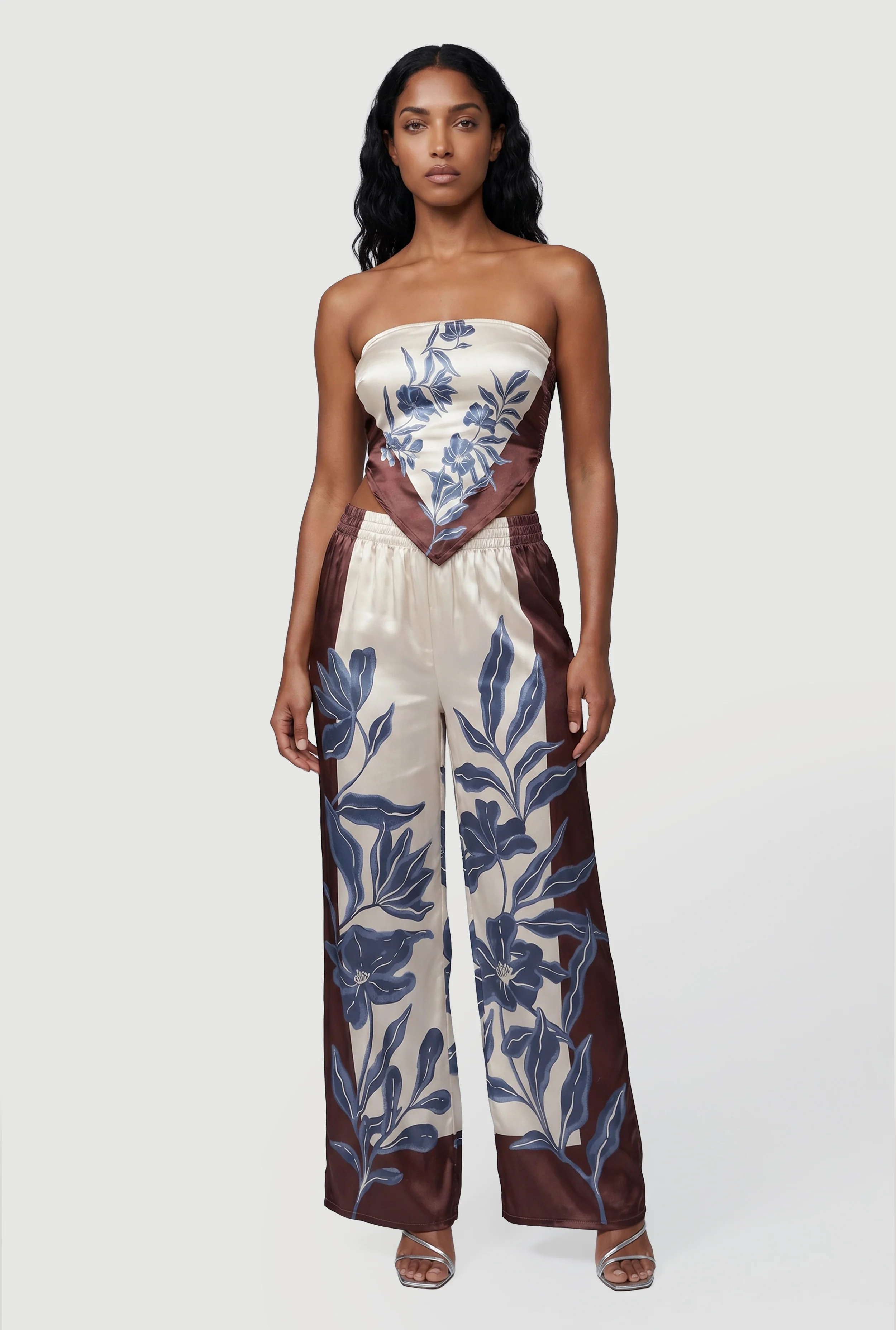 Satin Floral Border Print Wide Leg Floral Pants