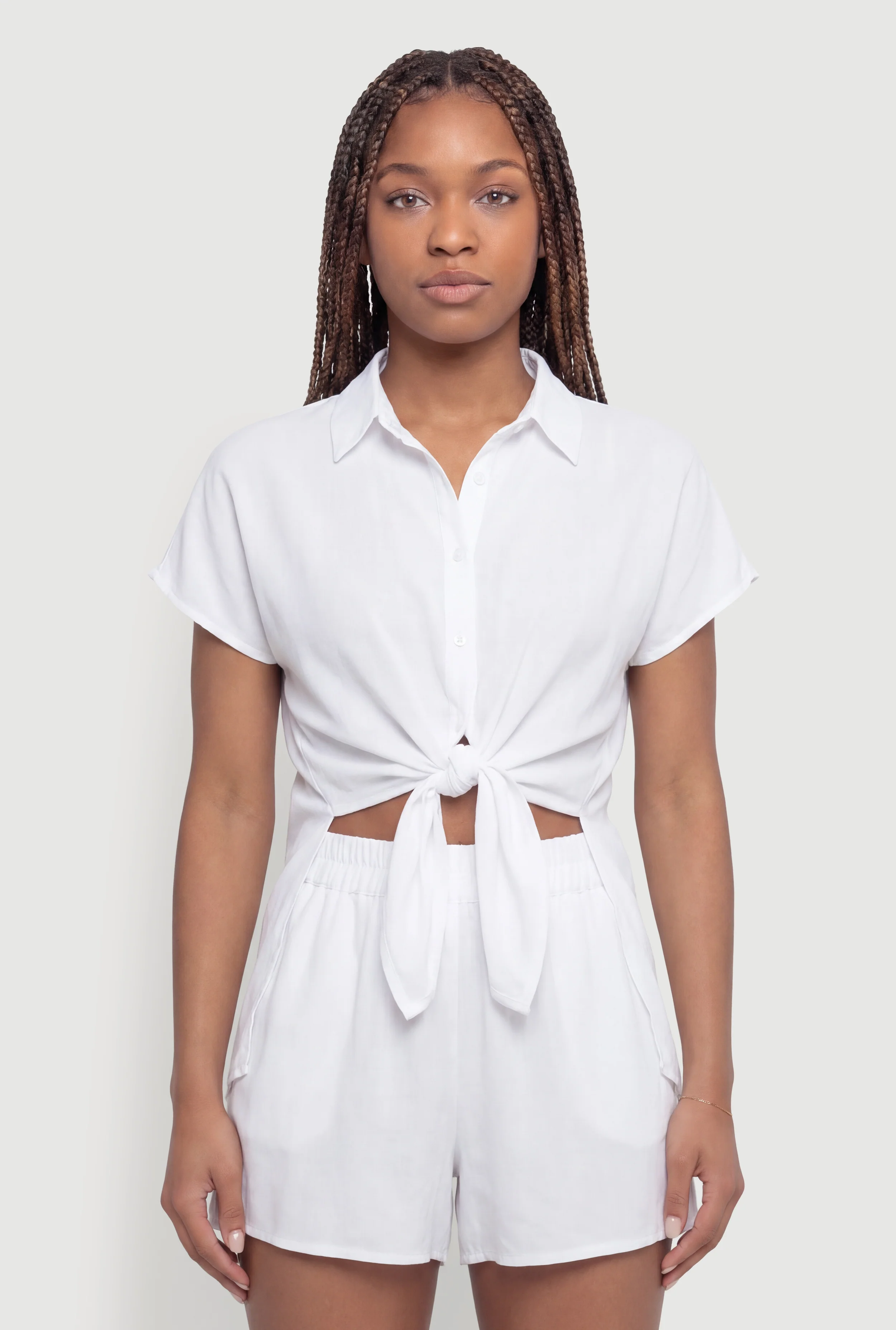 Crepe Knit Tie Front Cropped Shirt