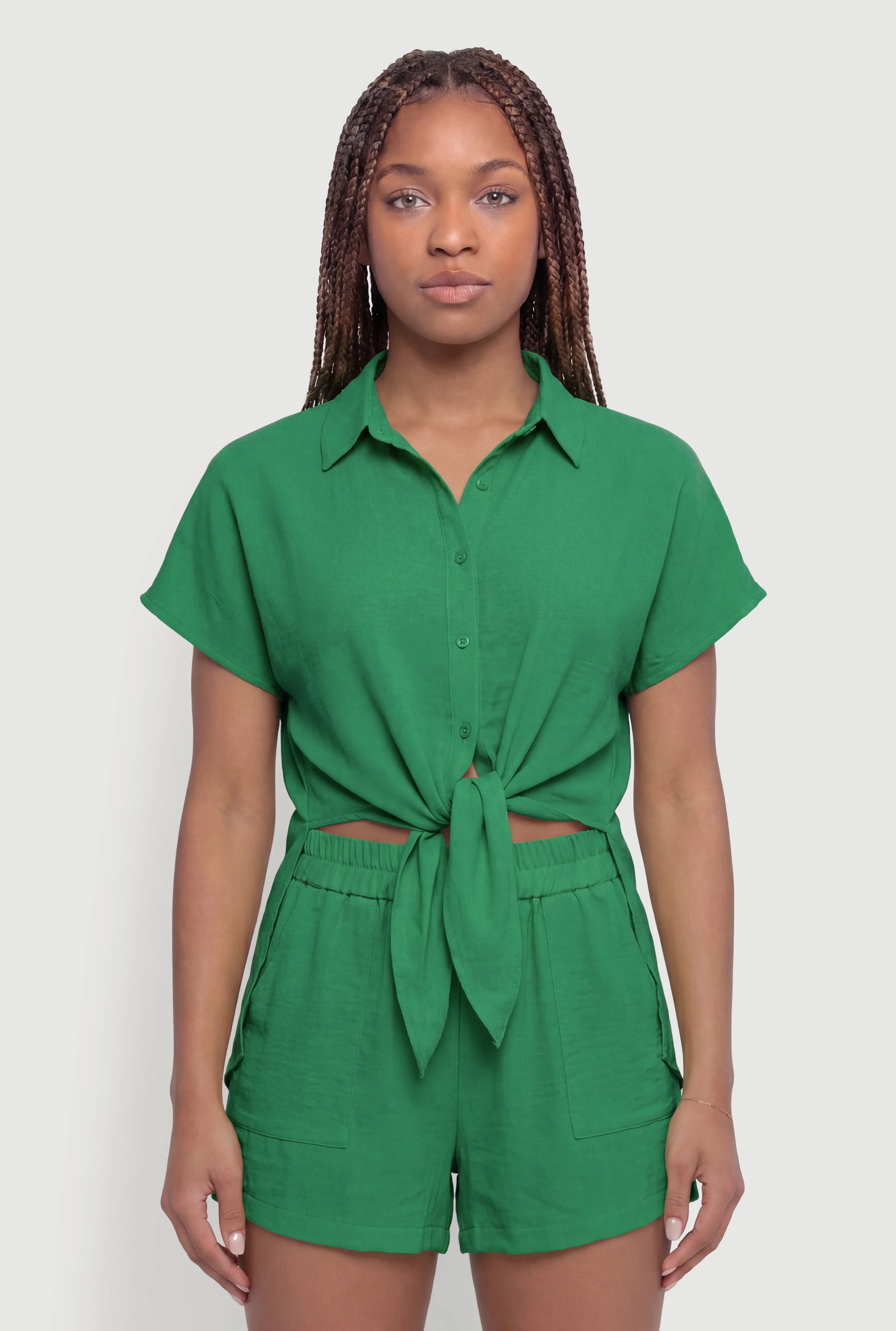 Crepe Knit Tie Front Cropped Shirt