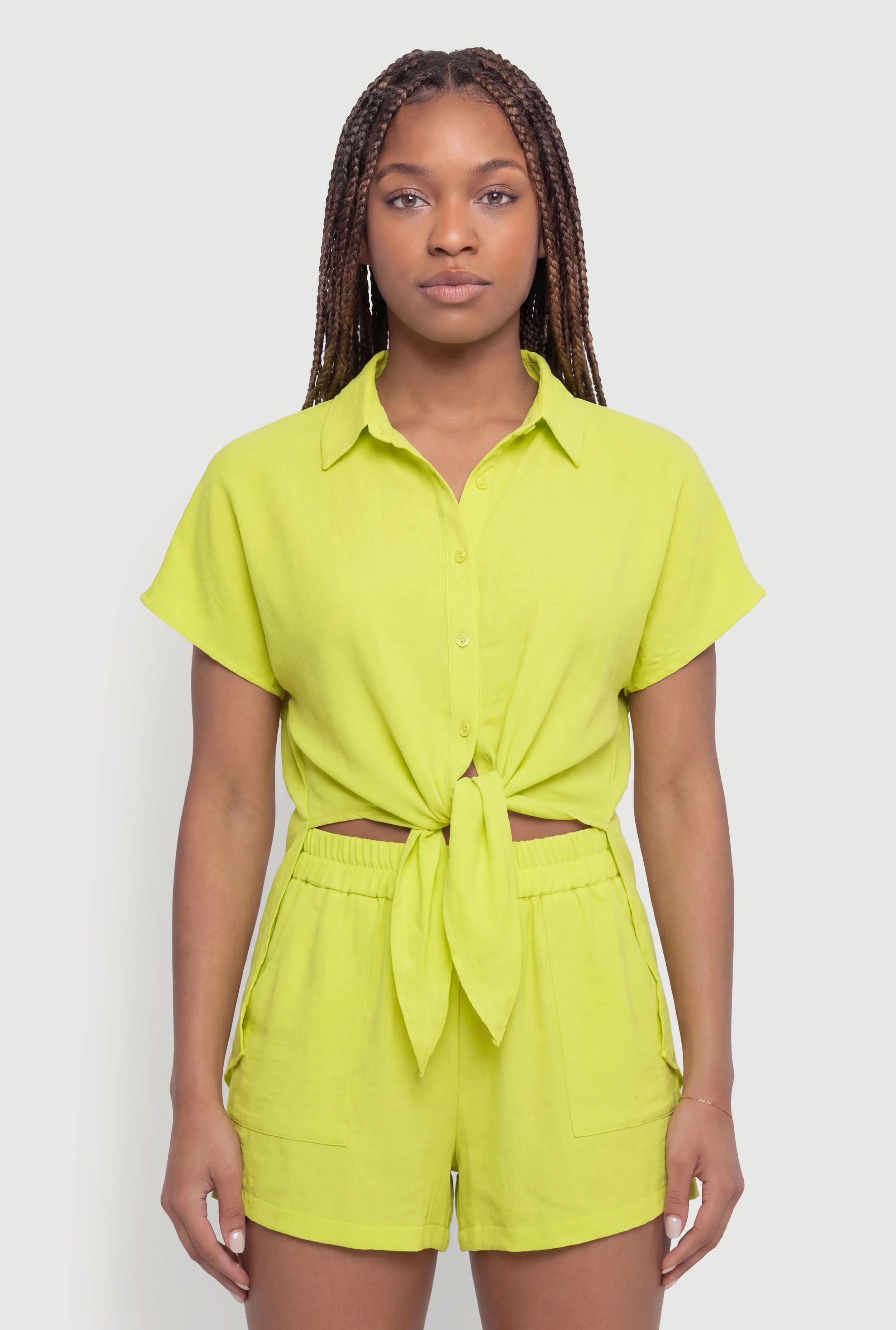 Crepe Knit Tie Front Cropped Shirt