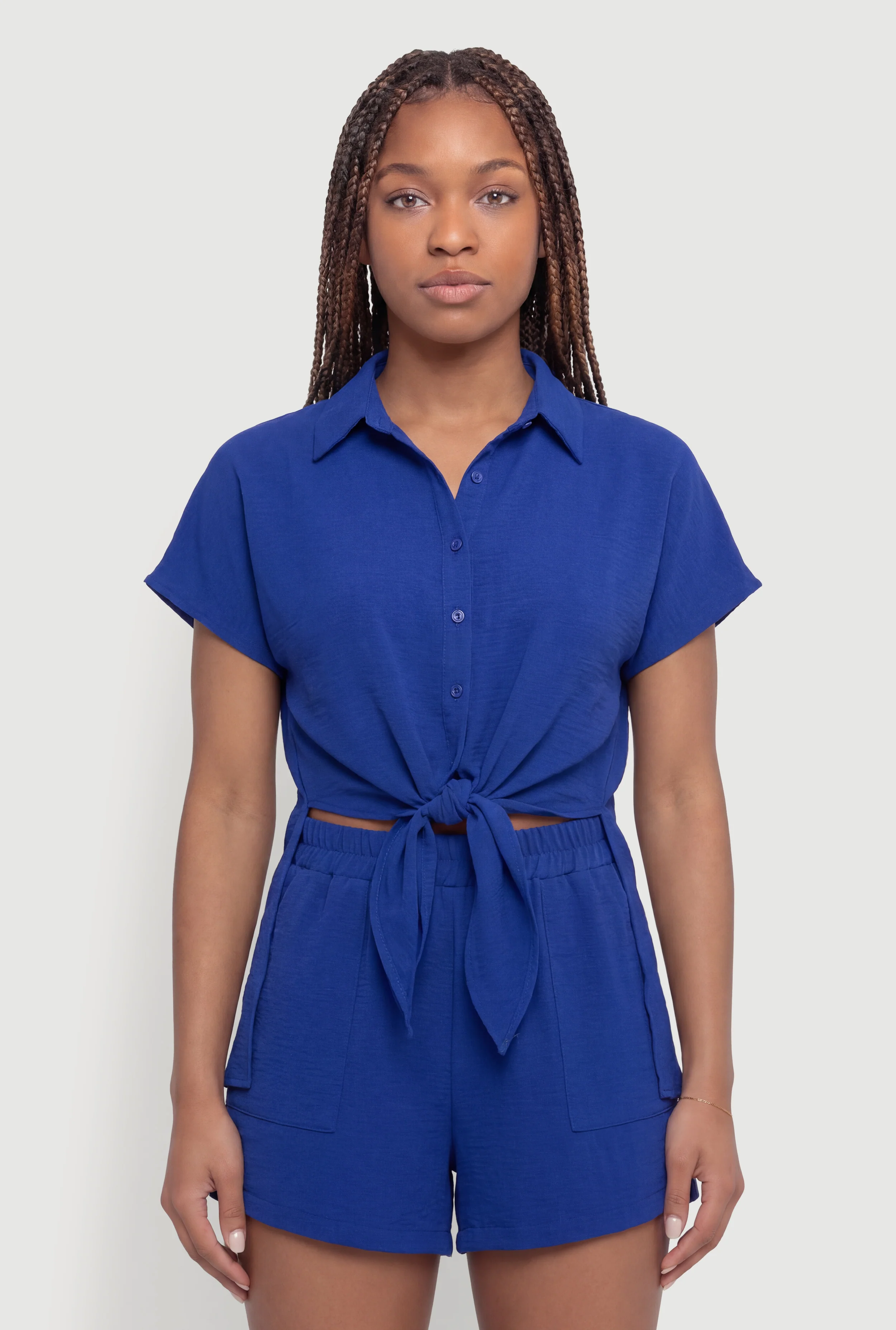 Crepe Knit Tie Front Cropped Shirt