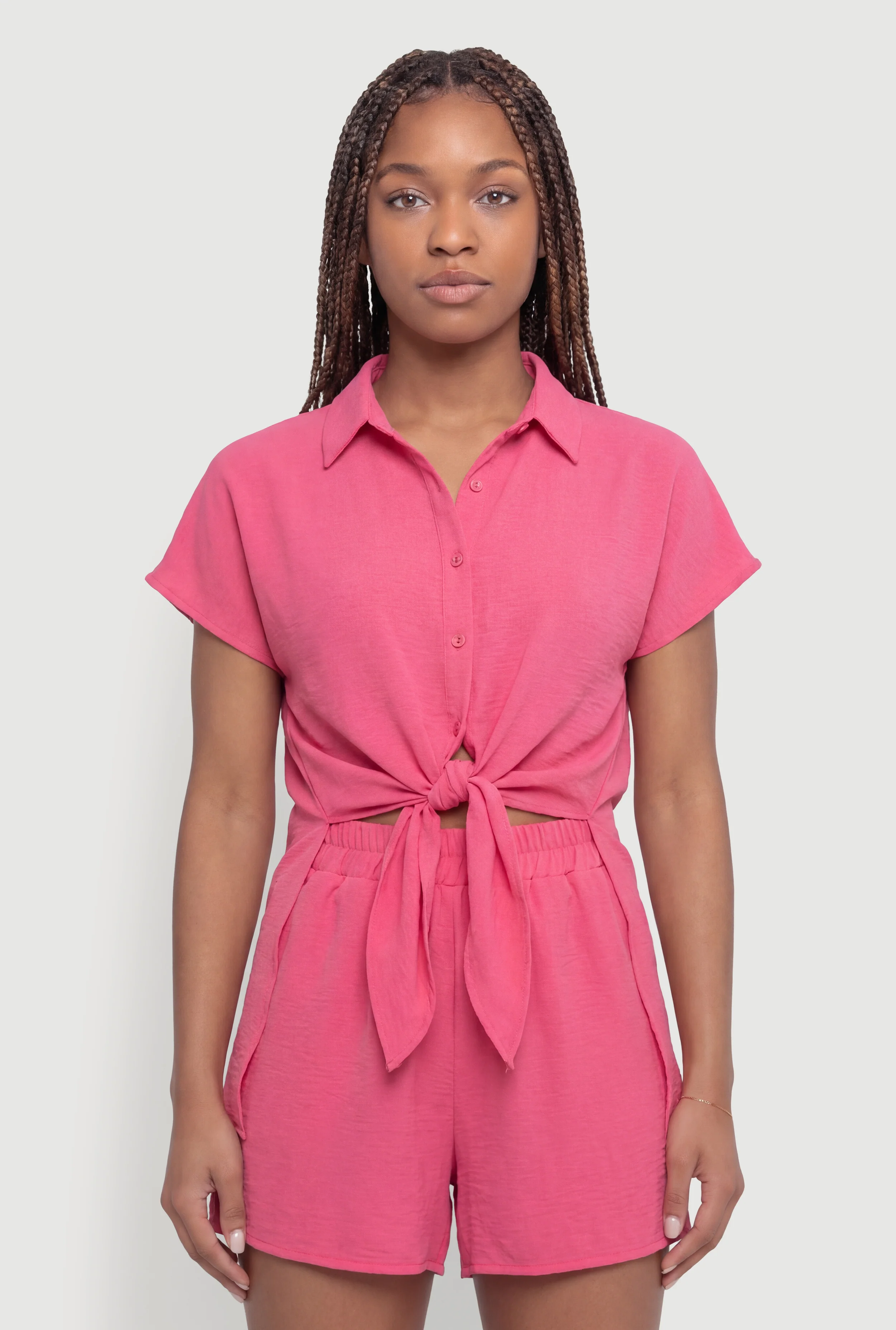 Crepe Knit Tie Front Cropped Shirt