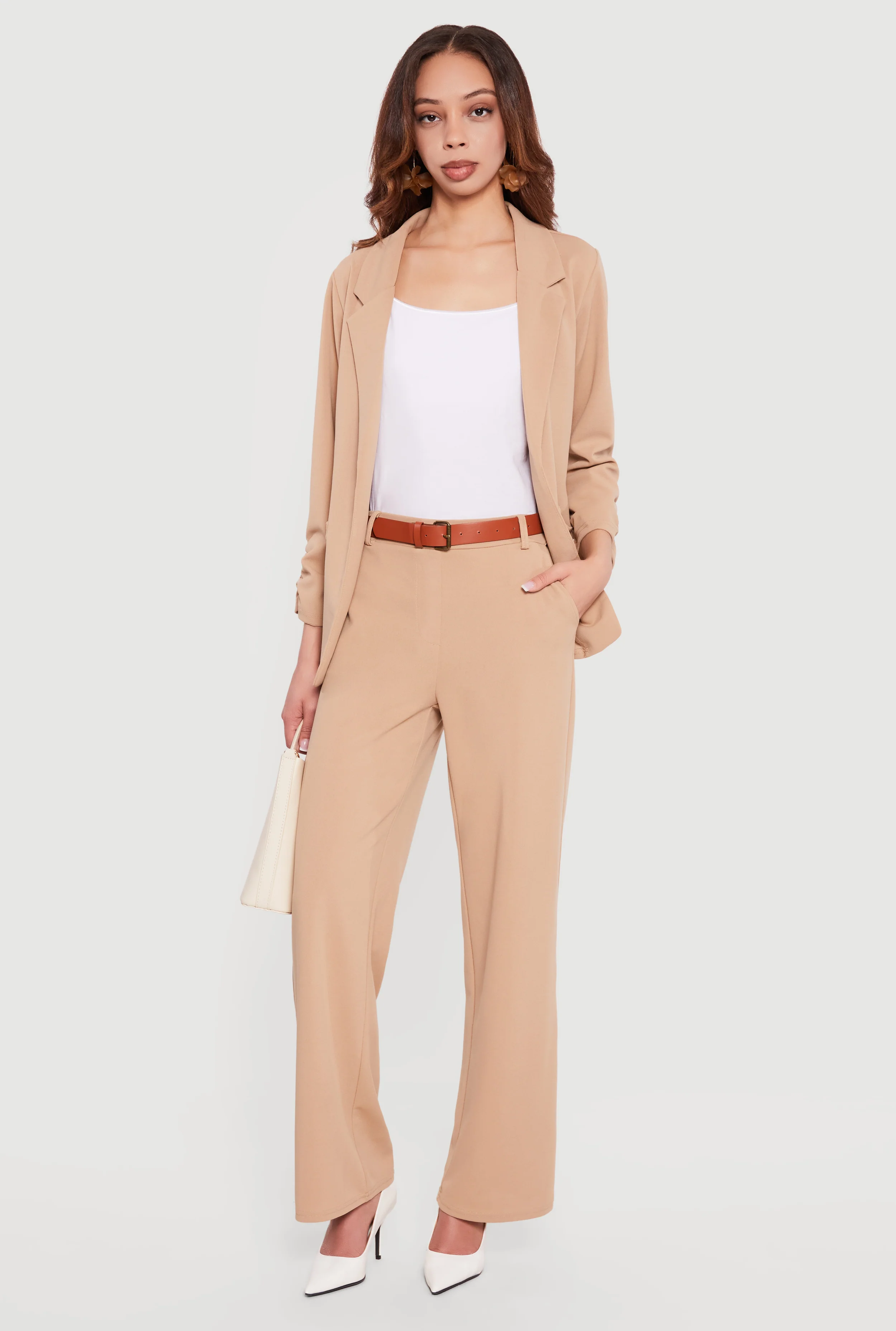 Belted Crepe Knit Wide Leg Dress Pants