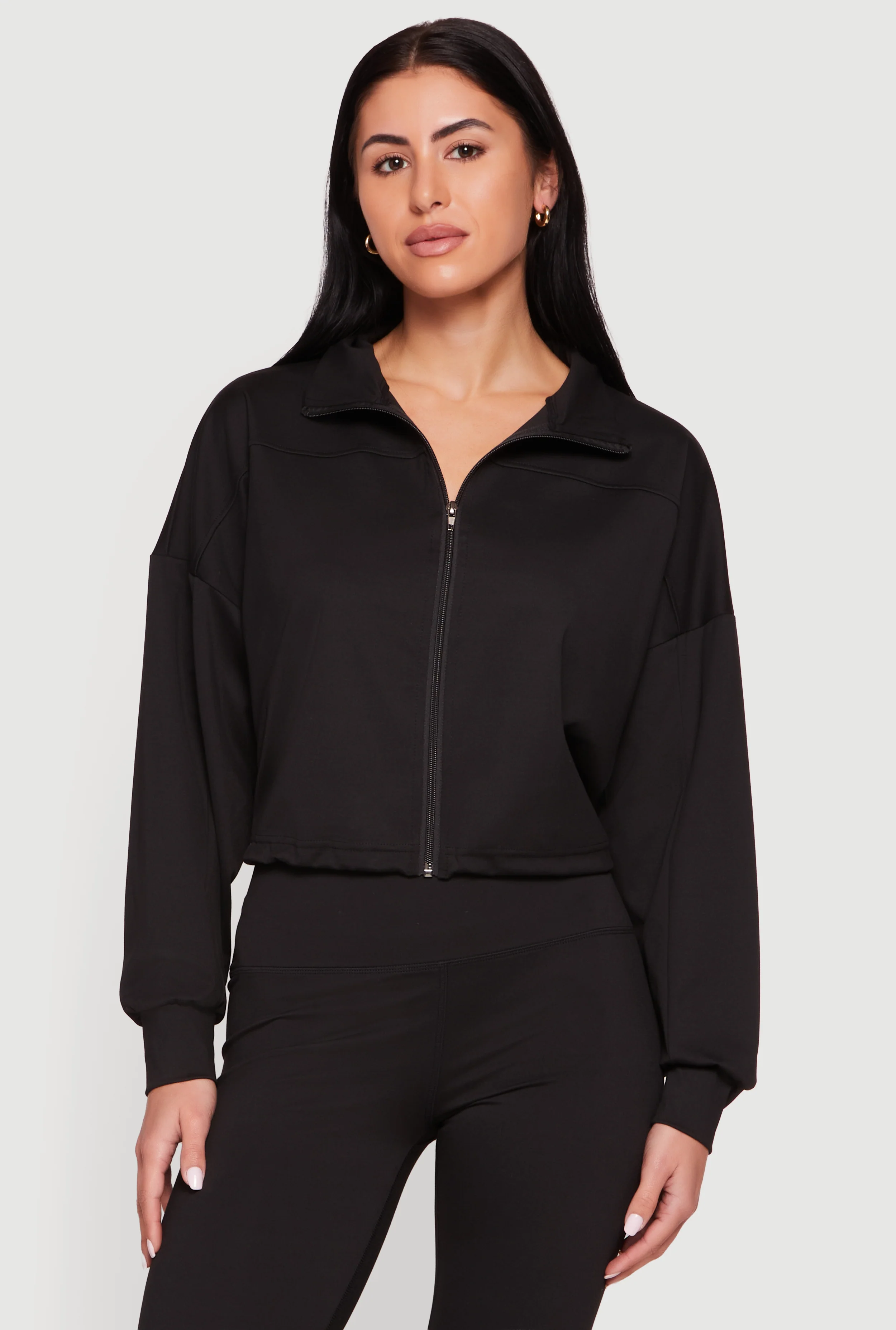 Drop Shoulder Zip Front Collared Sweatshirt