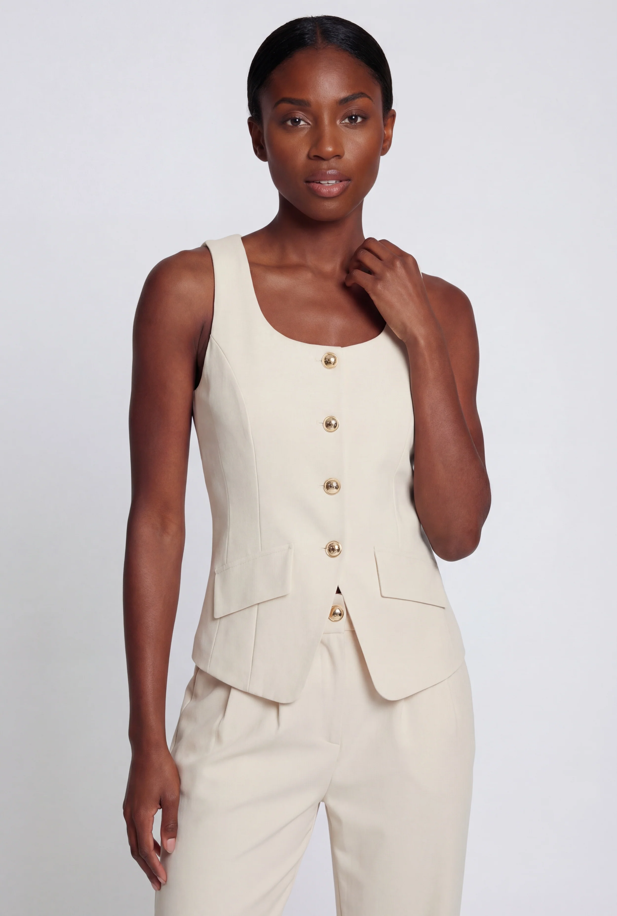 Metallic Button Front Crepe Knit Blazer Vest