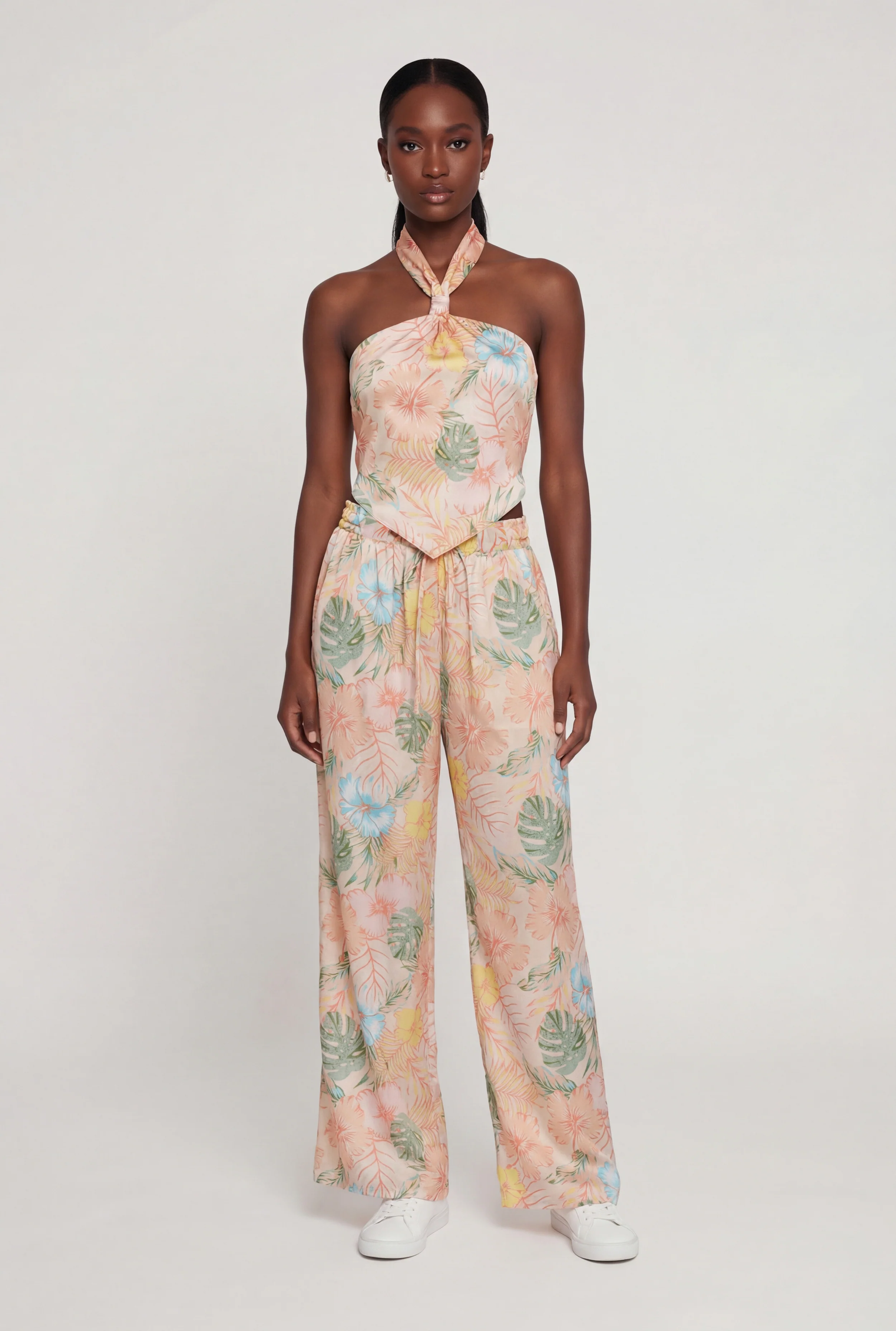 Satin Floral High Waisted Pants with Tie Waist Belt