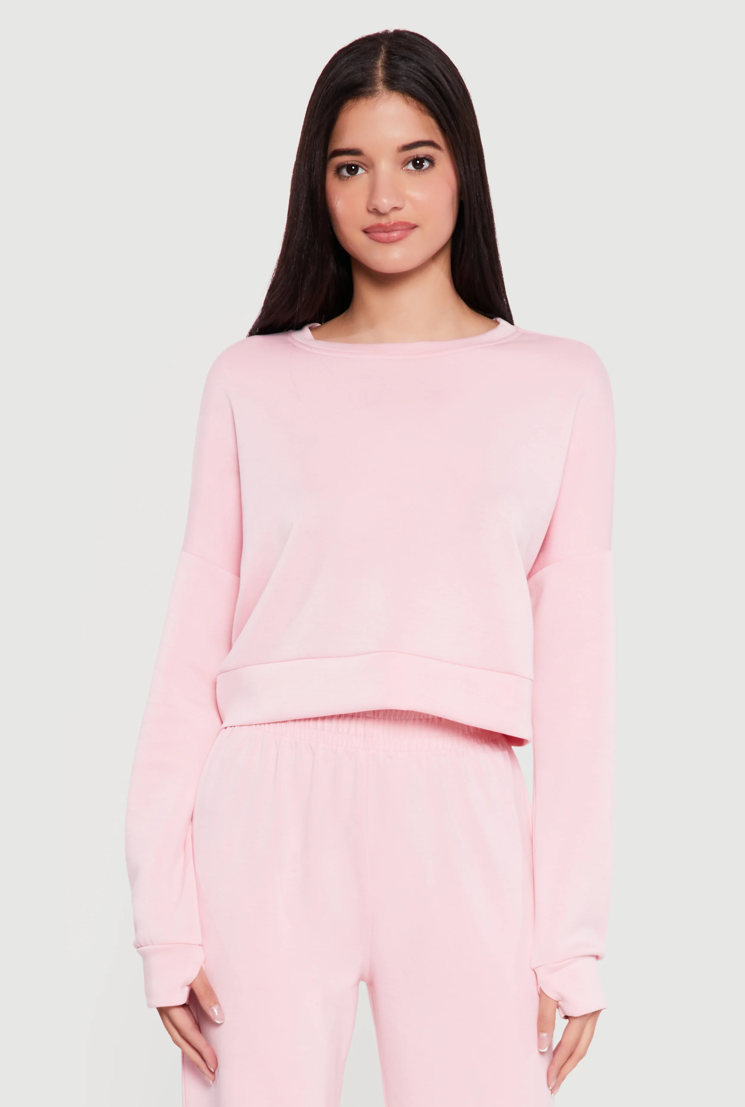 Cropped Pullover Sweatshirt with Thumbholes