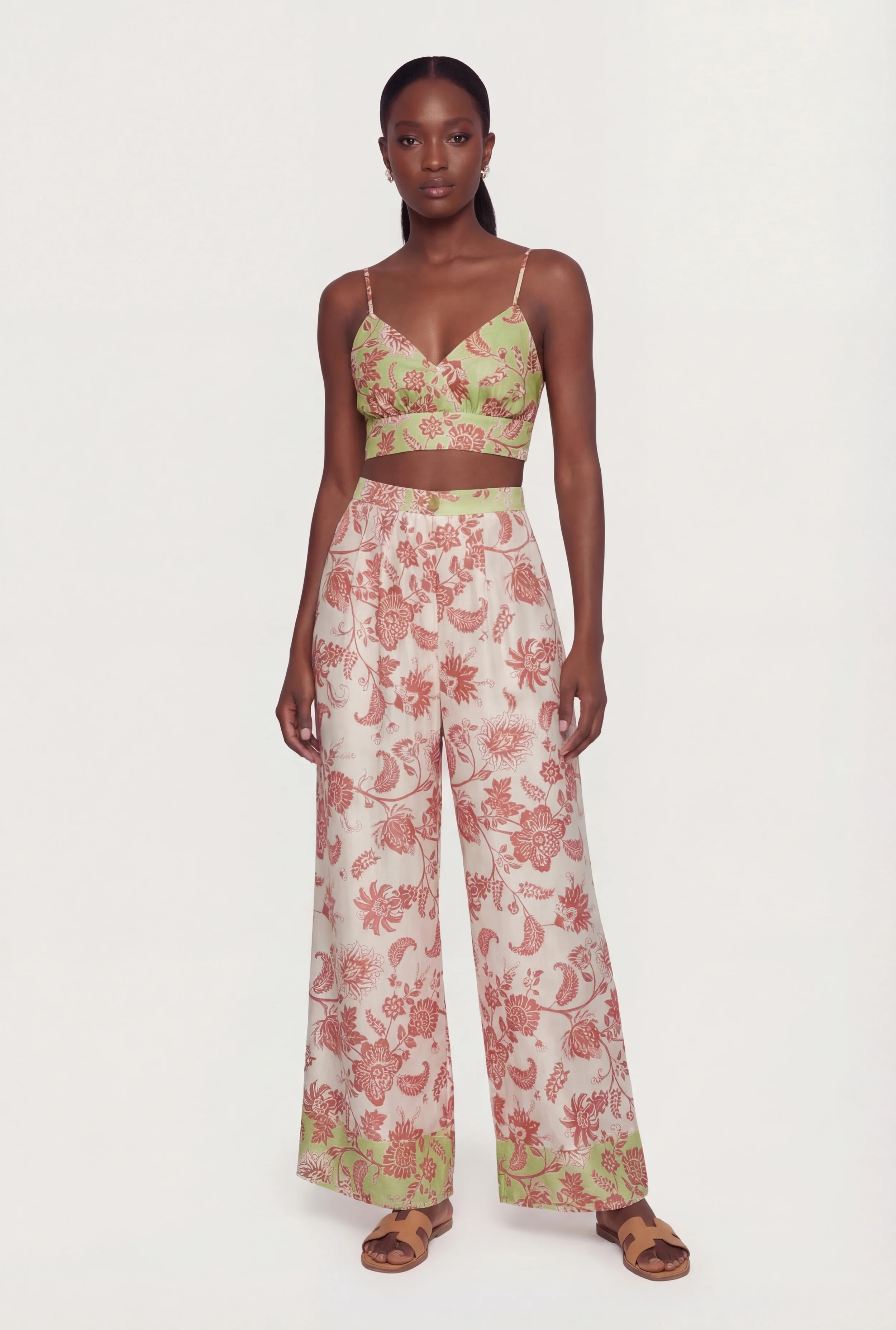 Satin Floral Print High Waist Wide Leg Pants