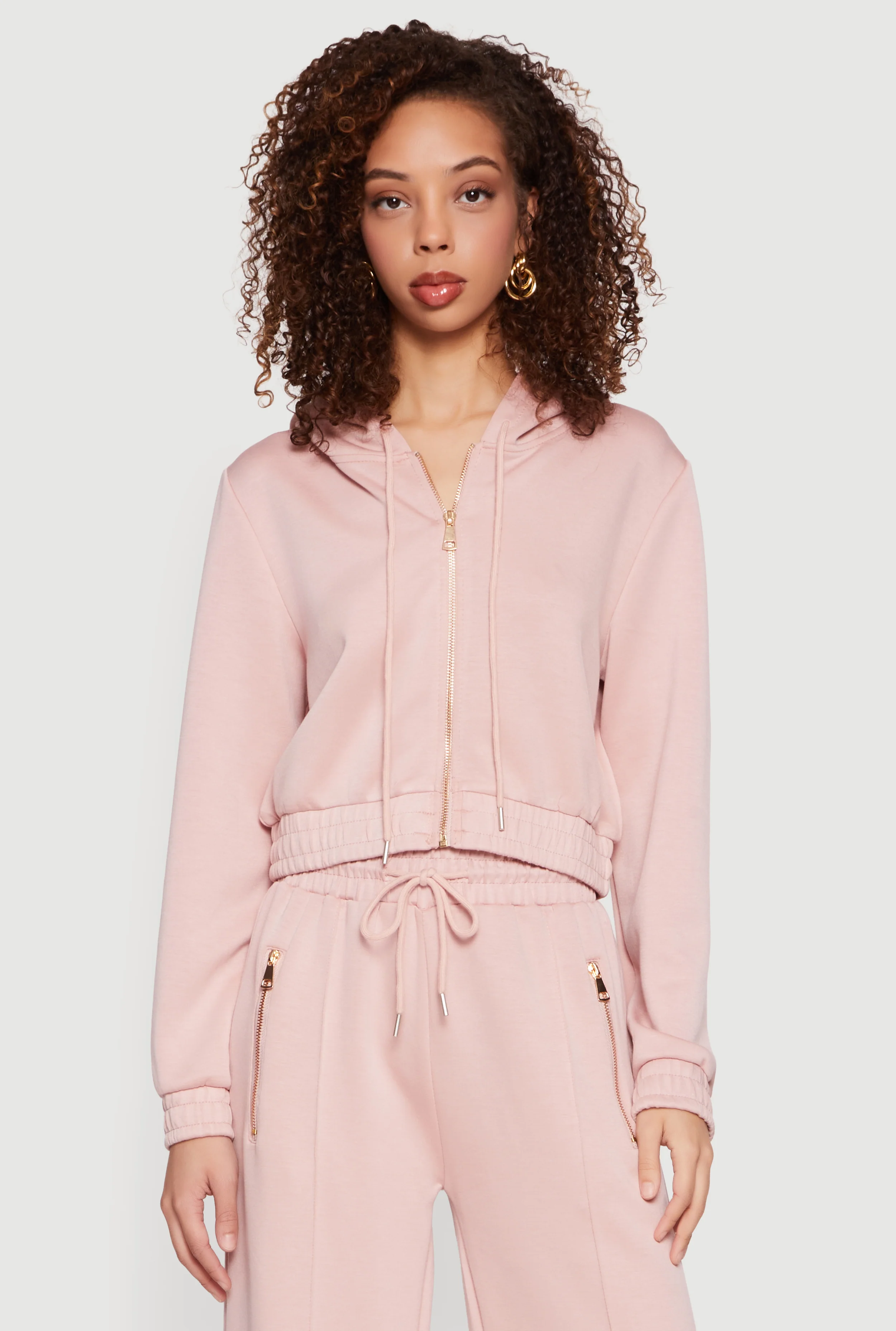 Cropped Long Sleeve Zip Front Drawstring Hoodie