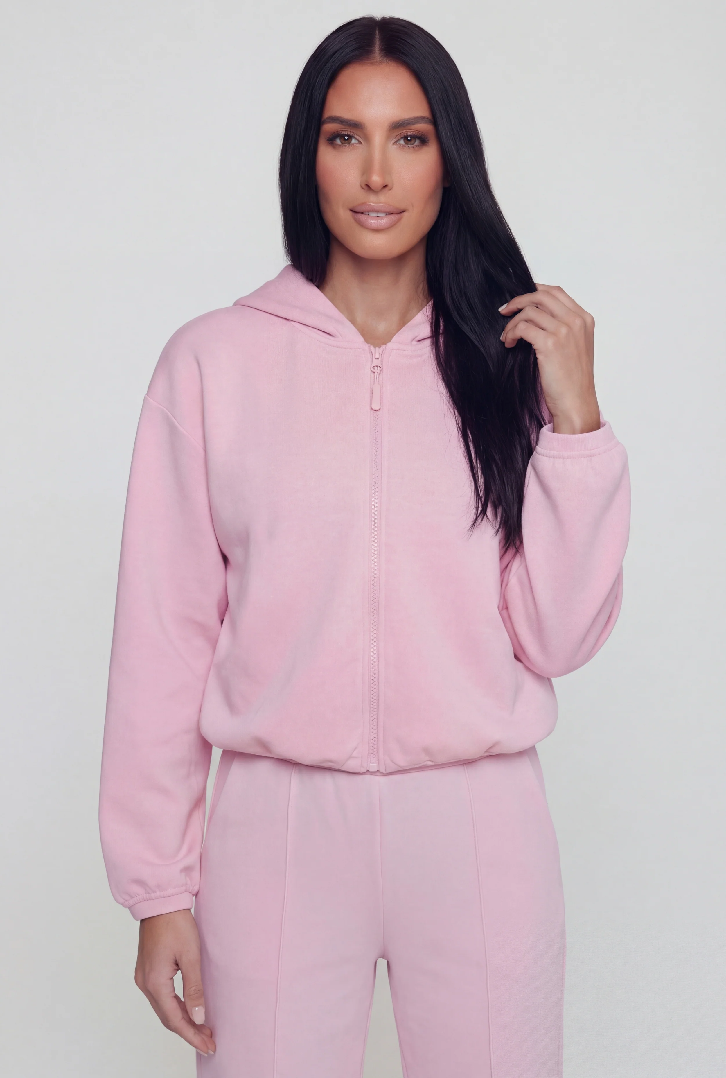 Zip Front Bubble Hem Hooded Sweatshirt
