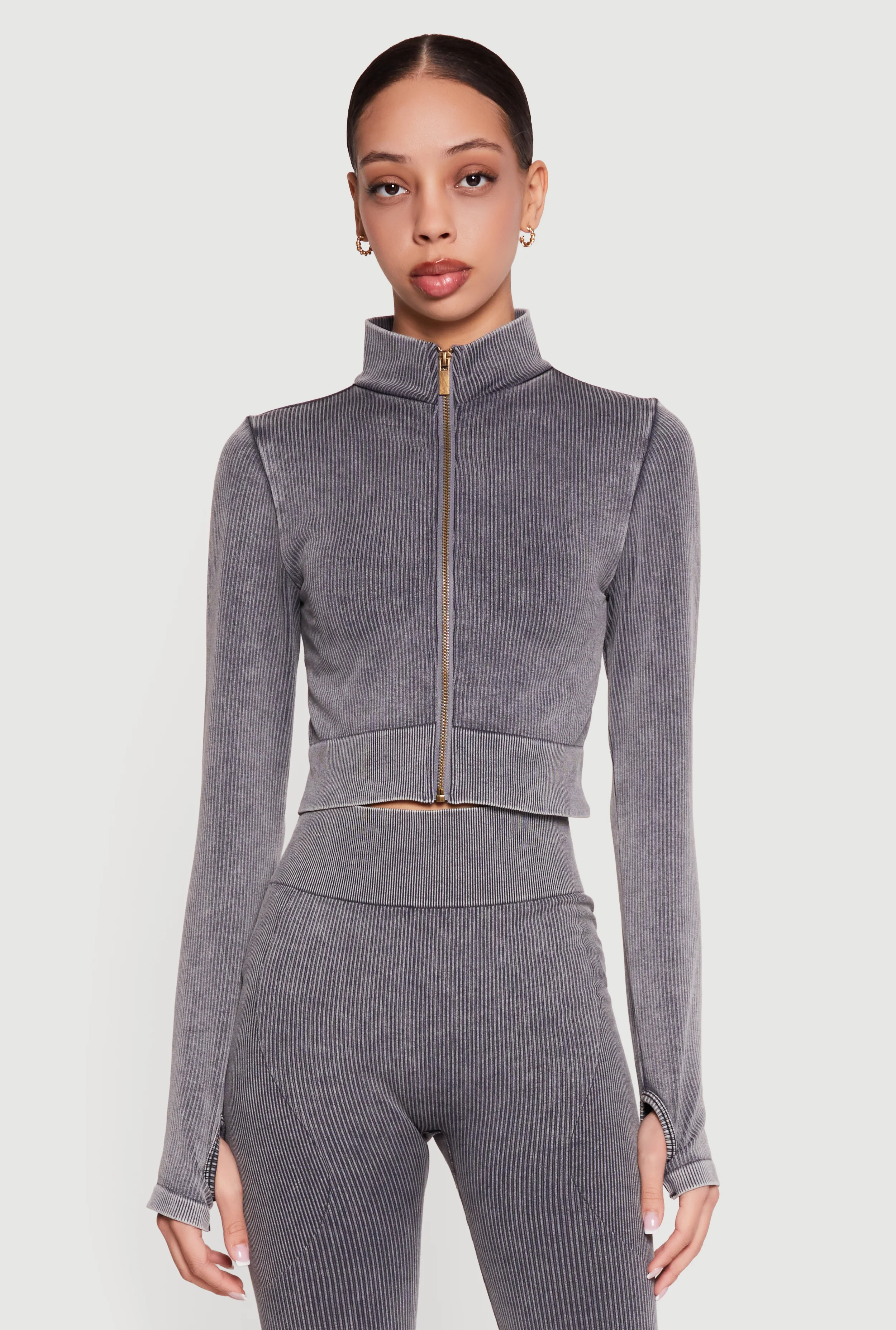 Seamless Acid Wash Zip Front Cropped Active Jacket