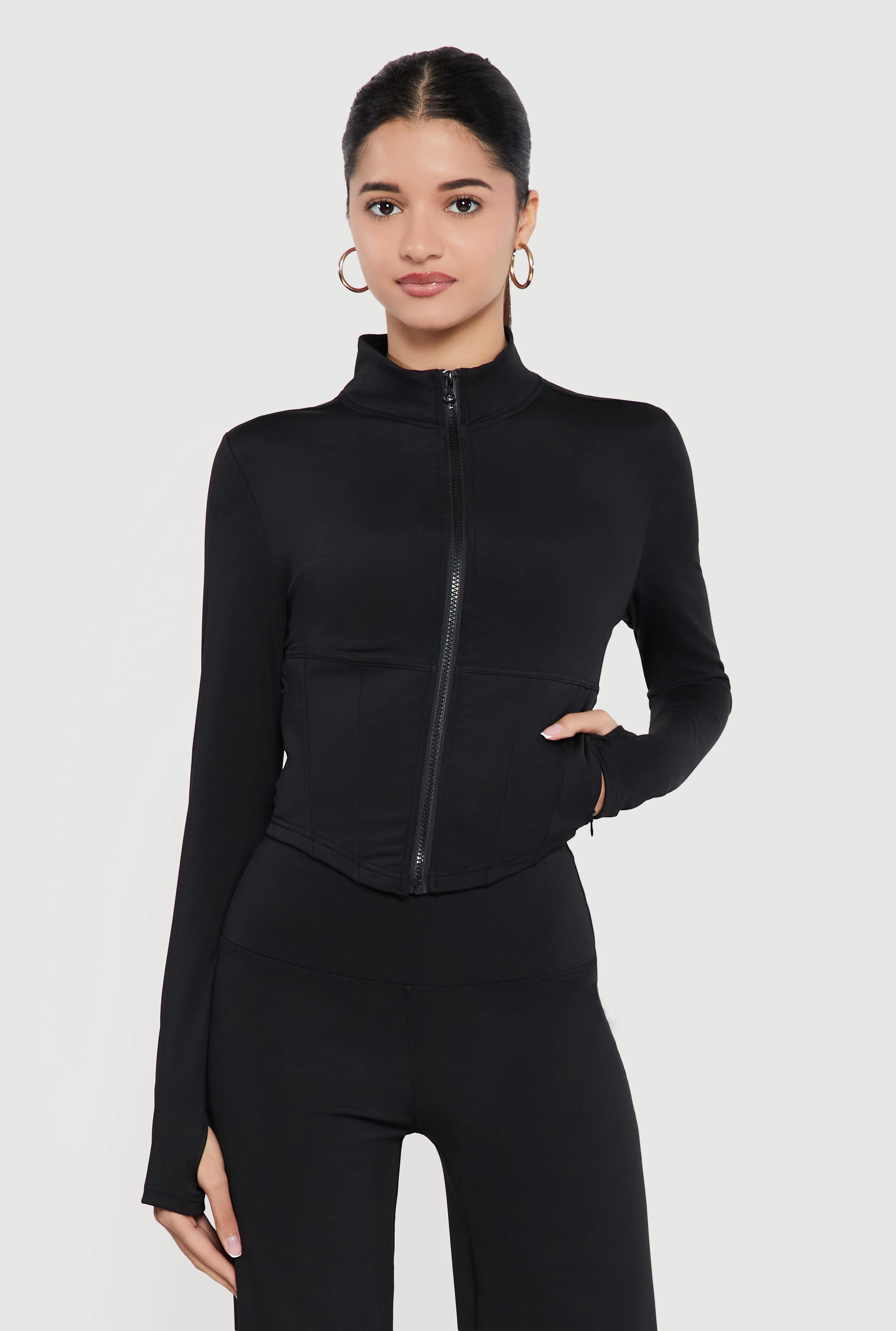Zip Front Corset Detail Mock Neck Track Jacket