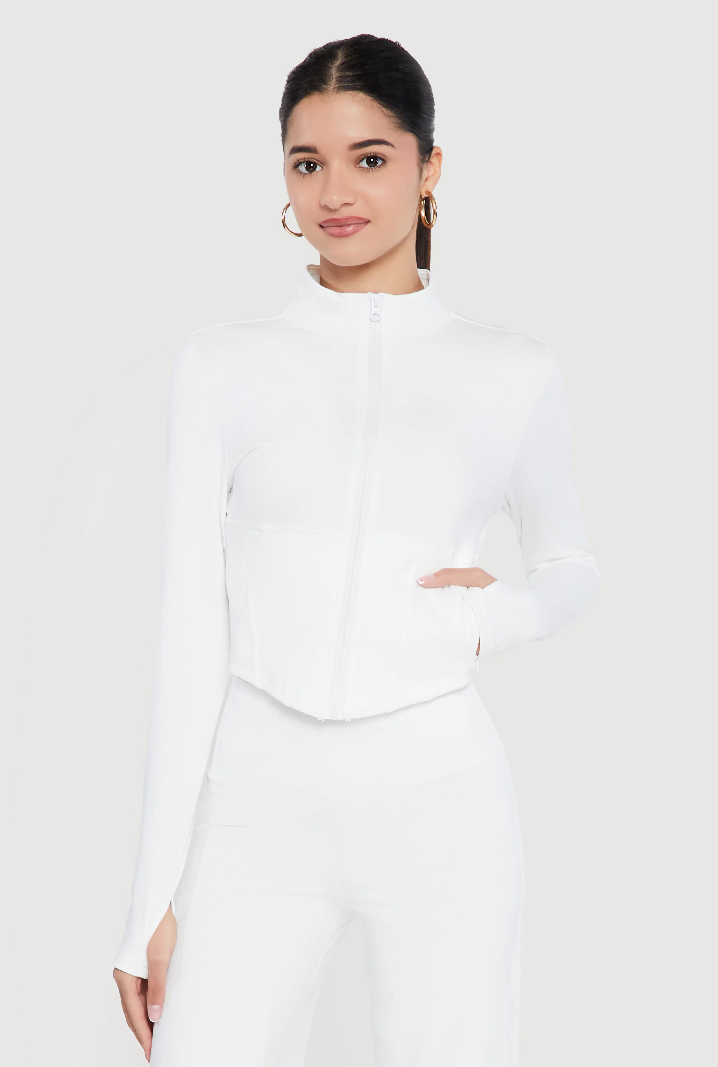 Zip Front Corset Detail Mock Neck Track Jacket