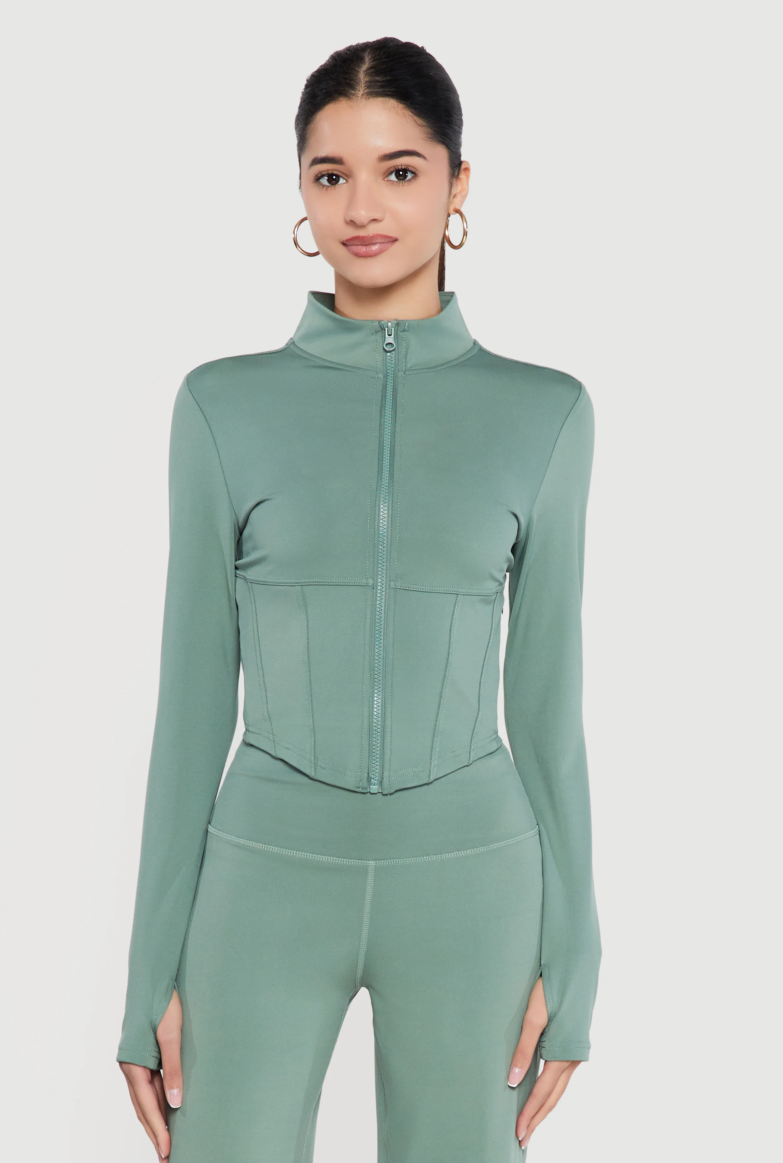 Zip Front Corset Detail Mock Neck Track Jacket