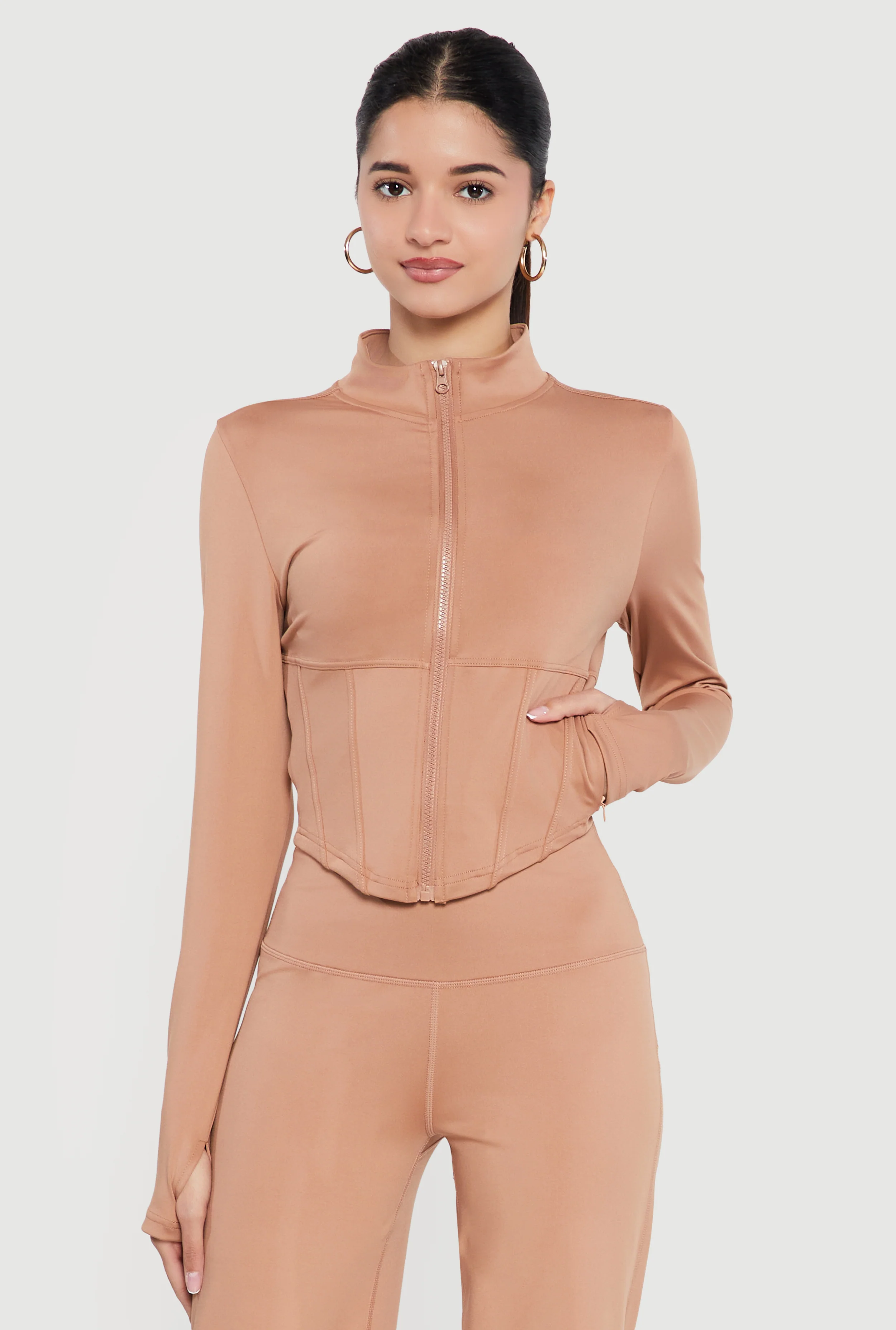 Zip Front Corset Detail Mock Neck Track Jacket