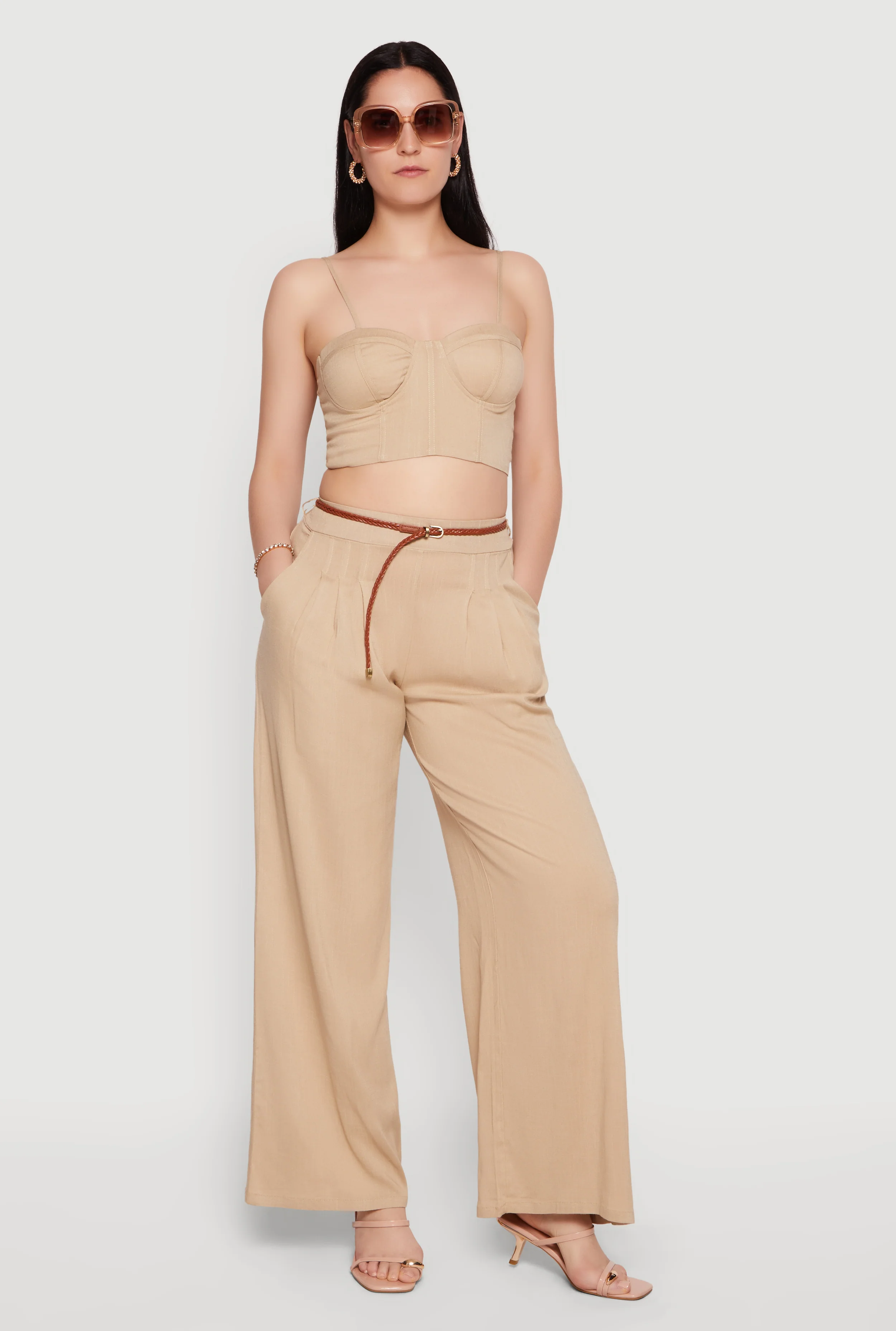 Gauze Knit High Waist Belted Straight Leg Casual Pants