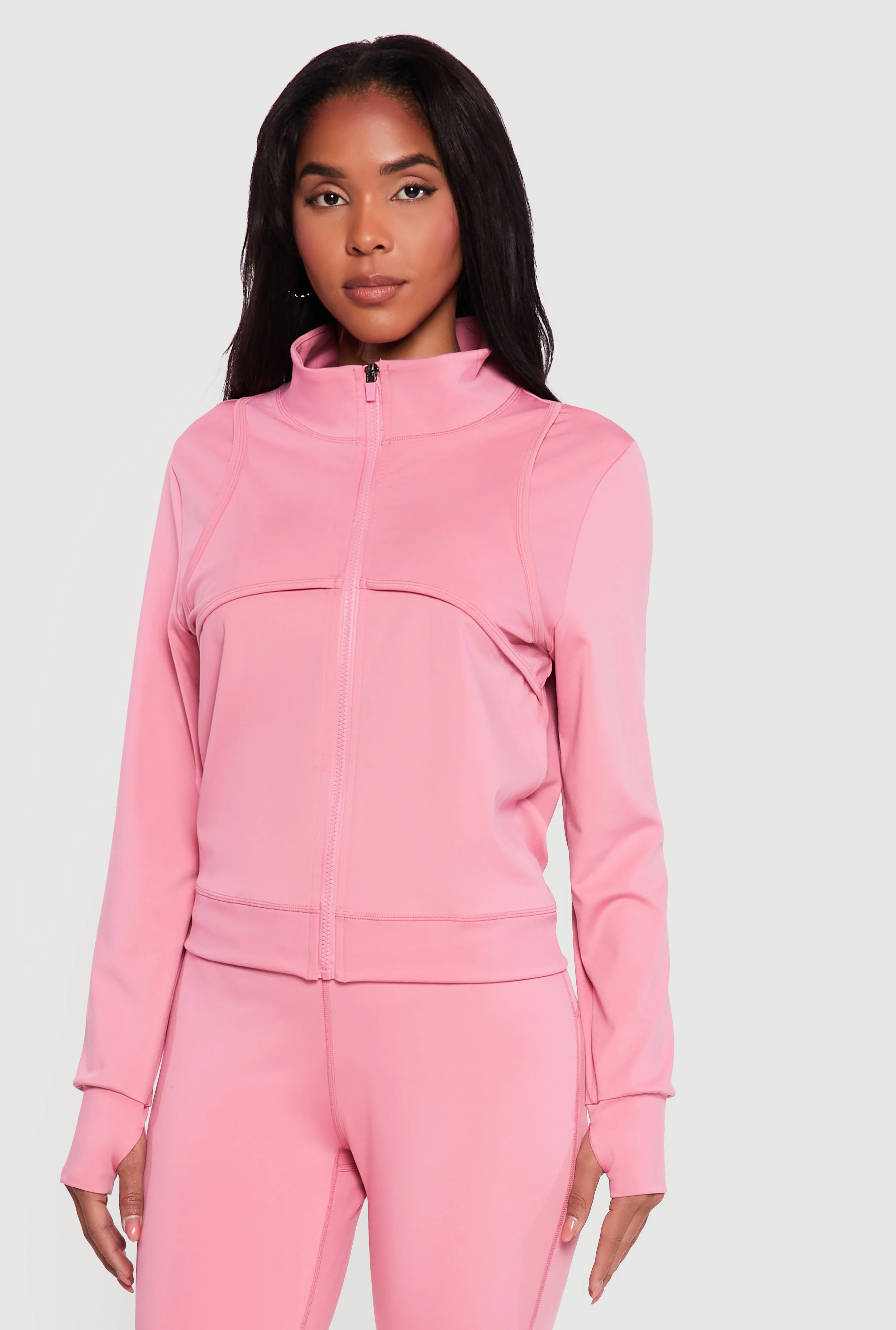 Solid Zip Front Activewear Jacket with Thumb Holes