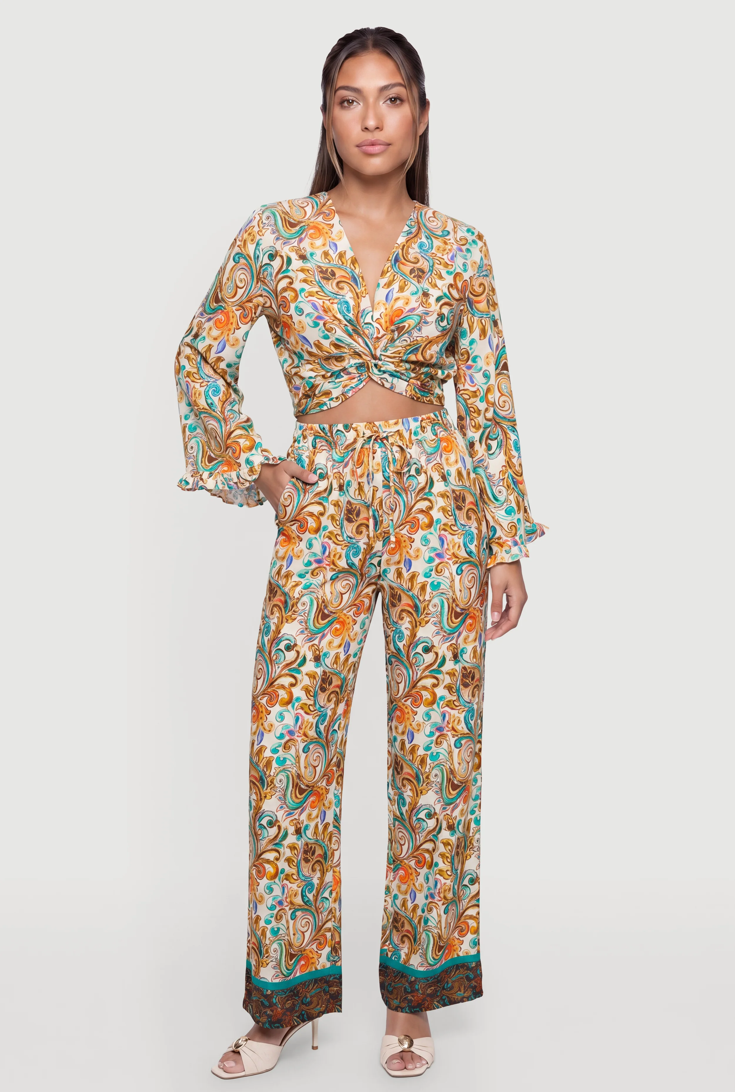 Patterned Drawstring Detail Pull On Pants