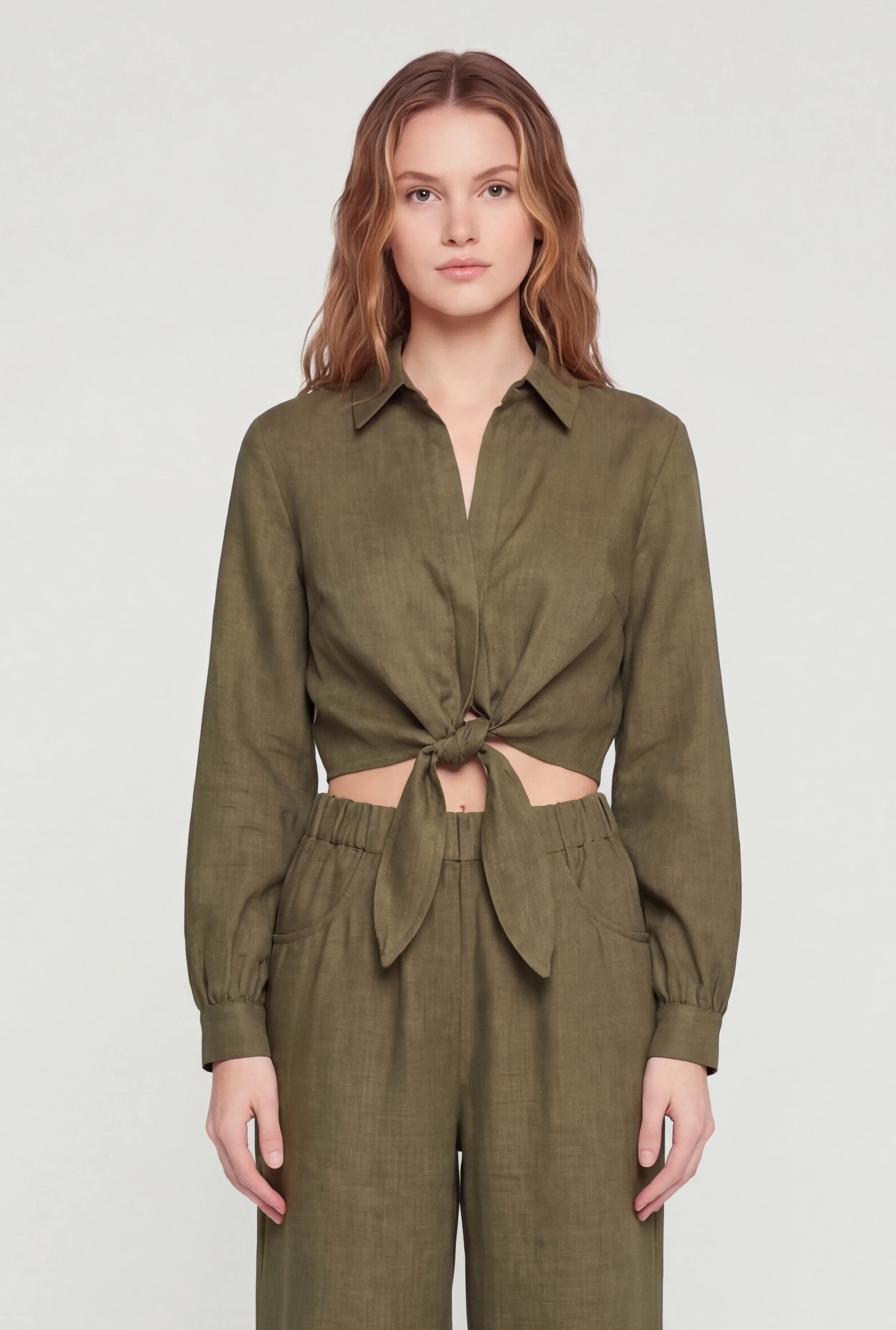 Open Tie Front Long Sleeve Crop Top
