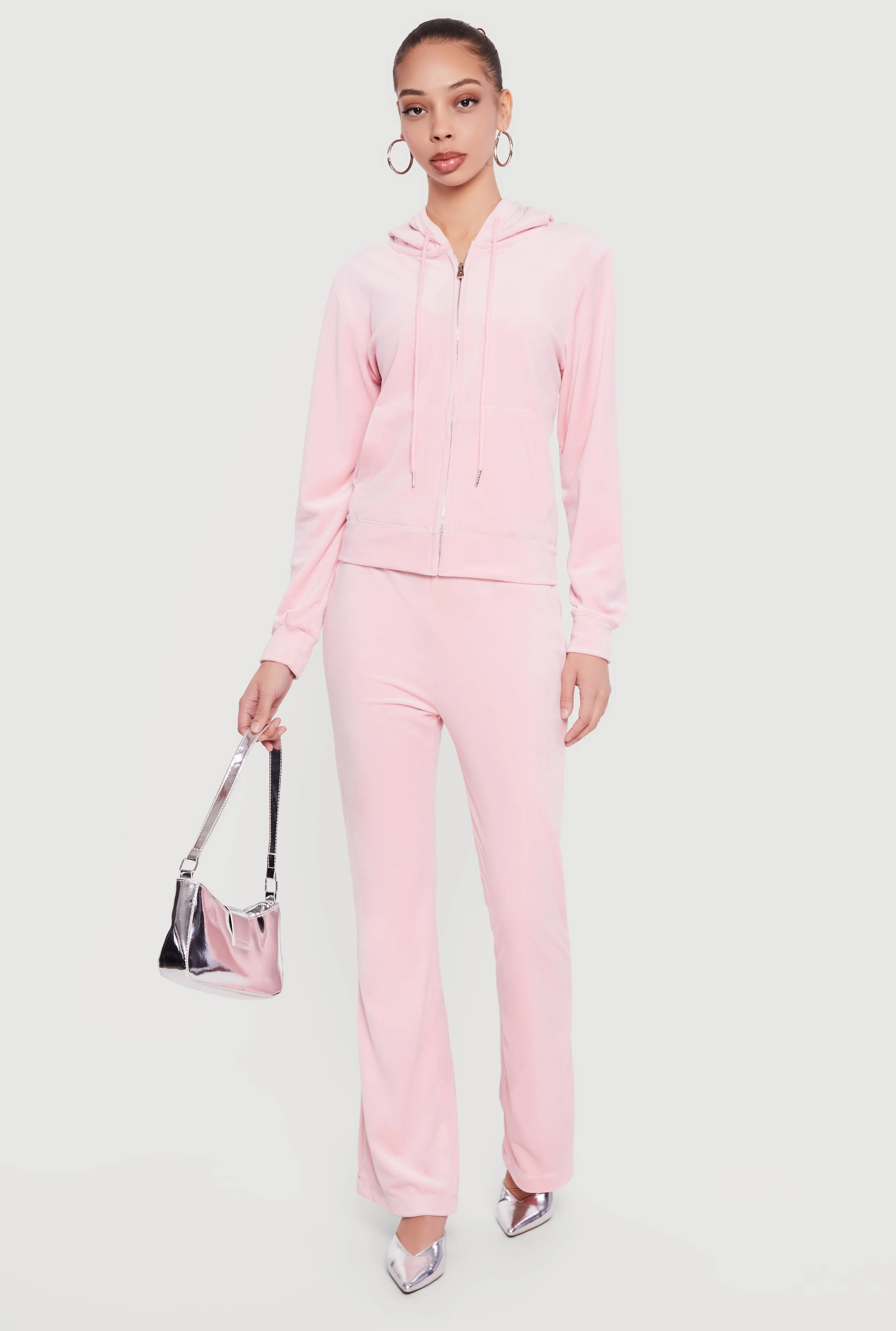 Rhinestone Rampage Velour Drawstring Waist Flare Pants