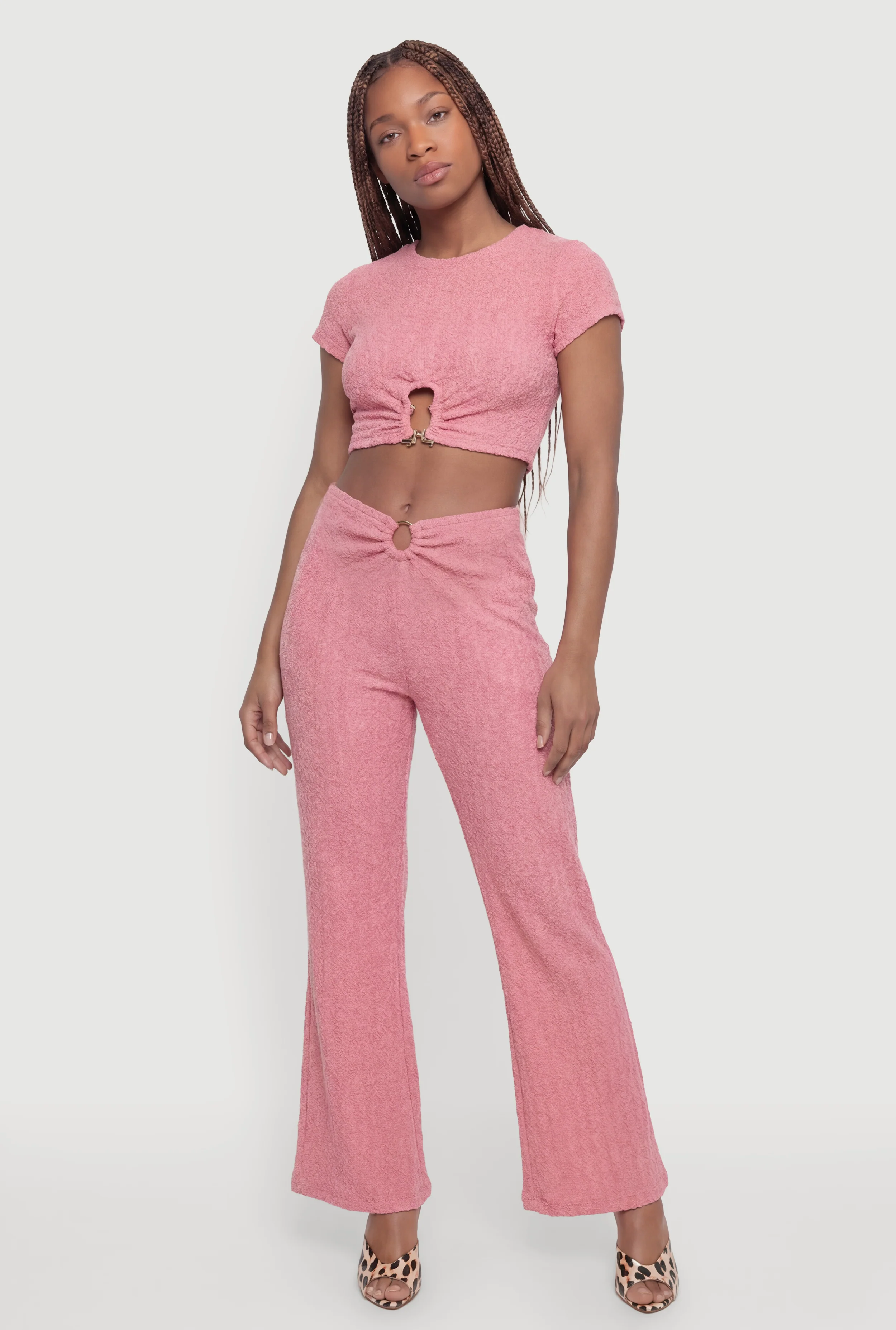O-Ring Keyhole Textured Knit Flare Pants