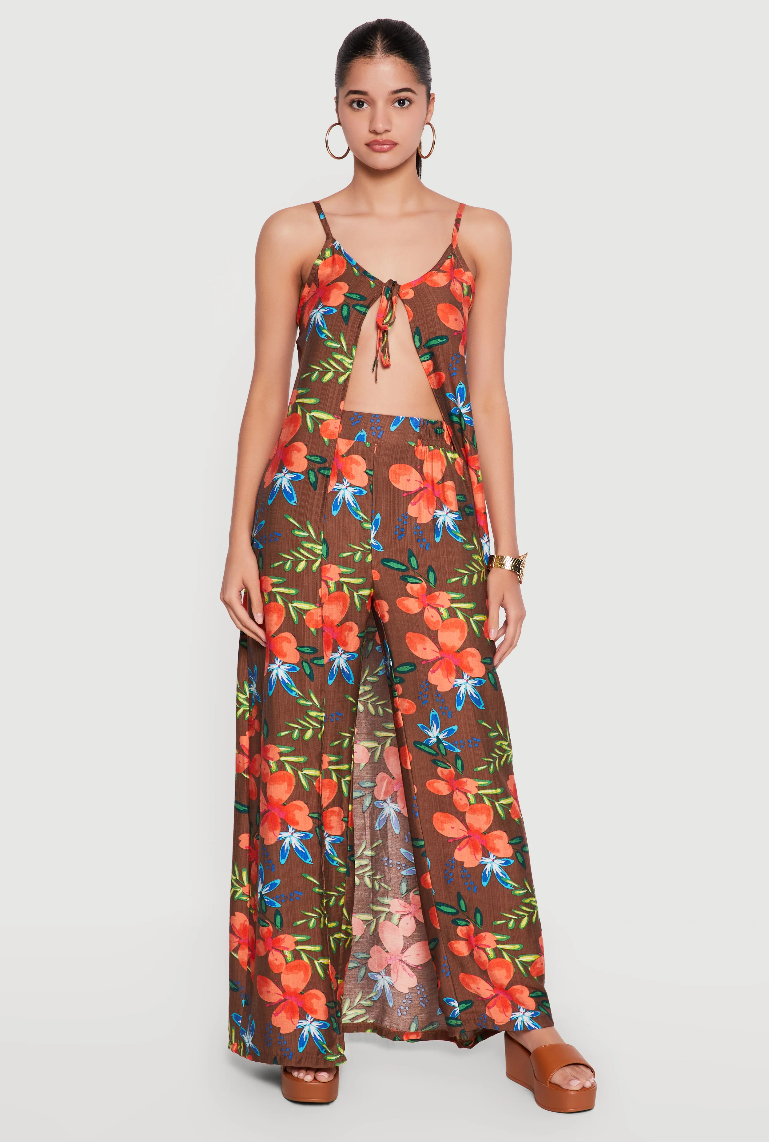 Floral High Waisted Wide Leg Pull On Pants