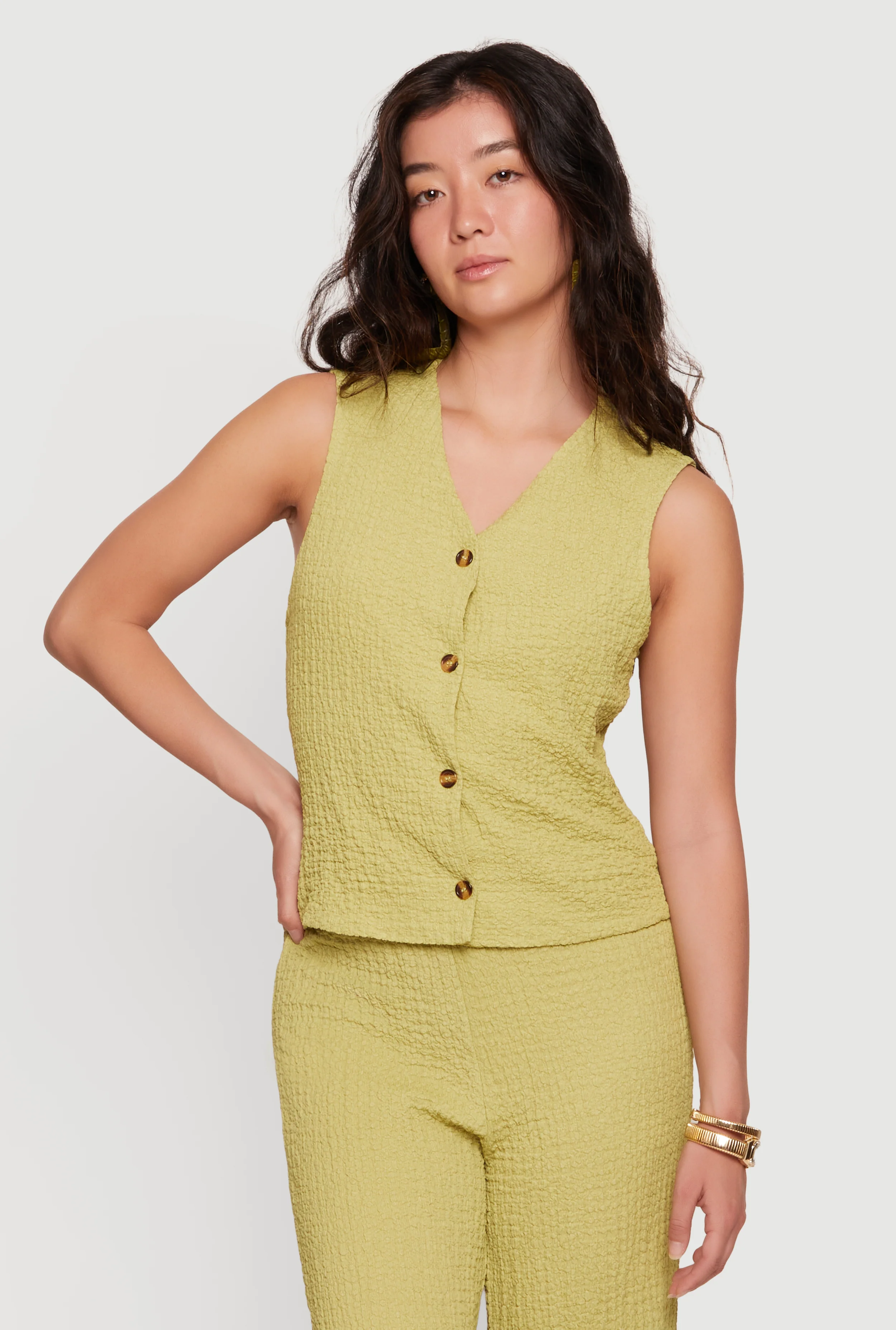 Textured Knit V Neck Button Front Vest