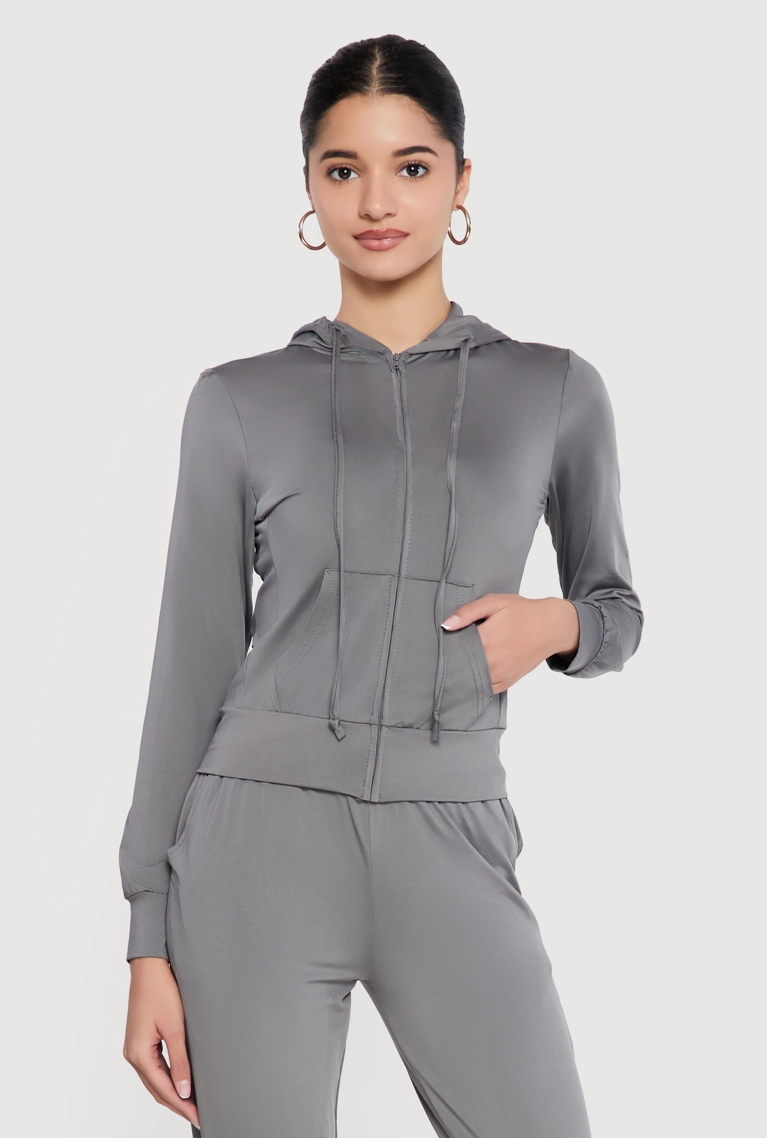 Zip Front Drawstring Hooded Track Jacket