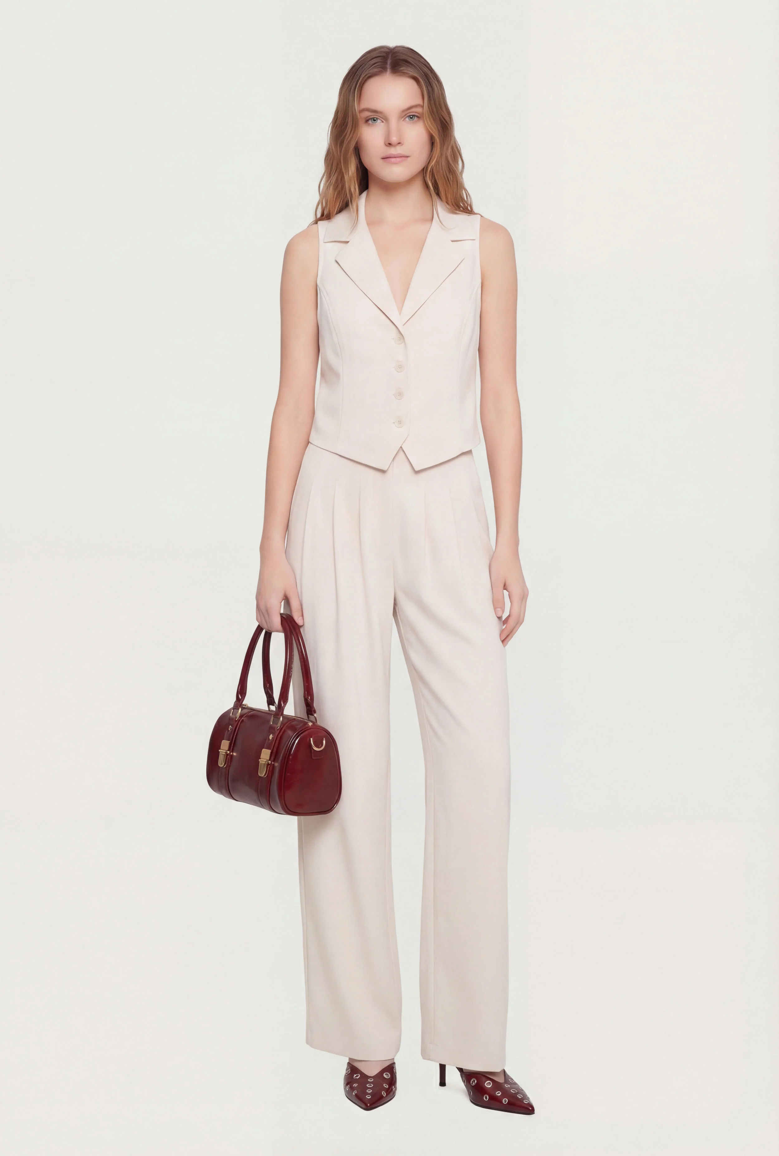 Solid Crepe Knit Pleated Wide Leg Palazzo Pants
