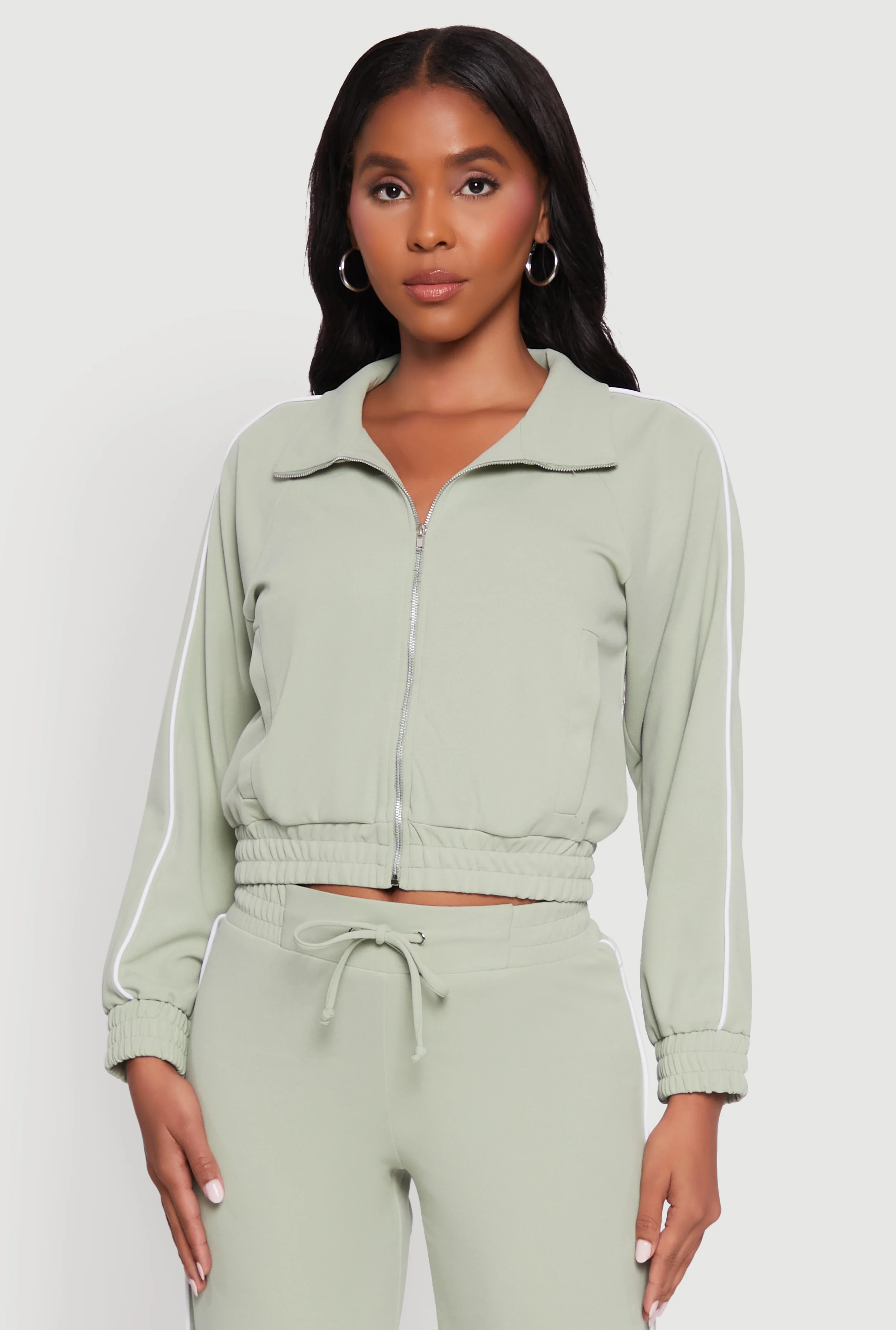 Crepe Knit Zip Front Jacket with Contrast Piping