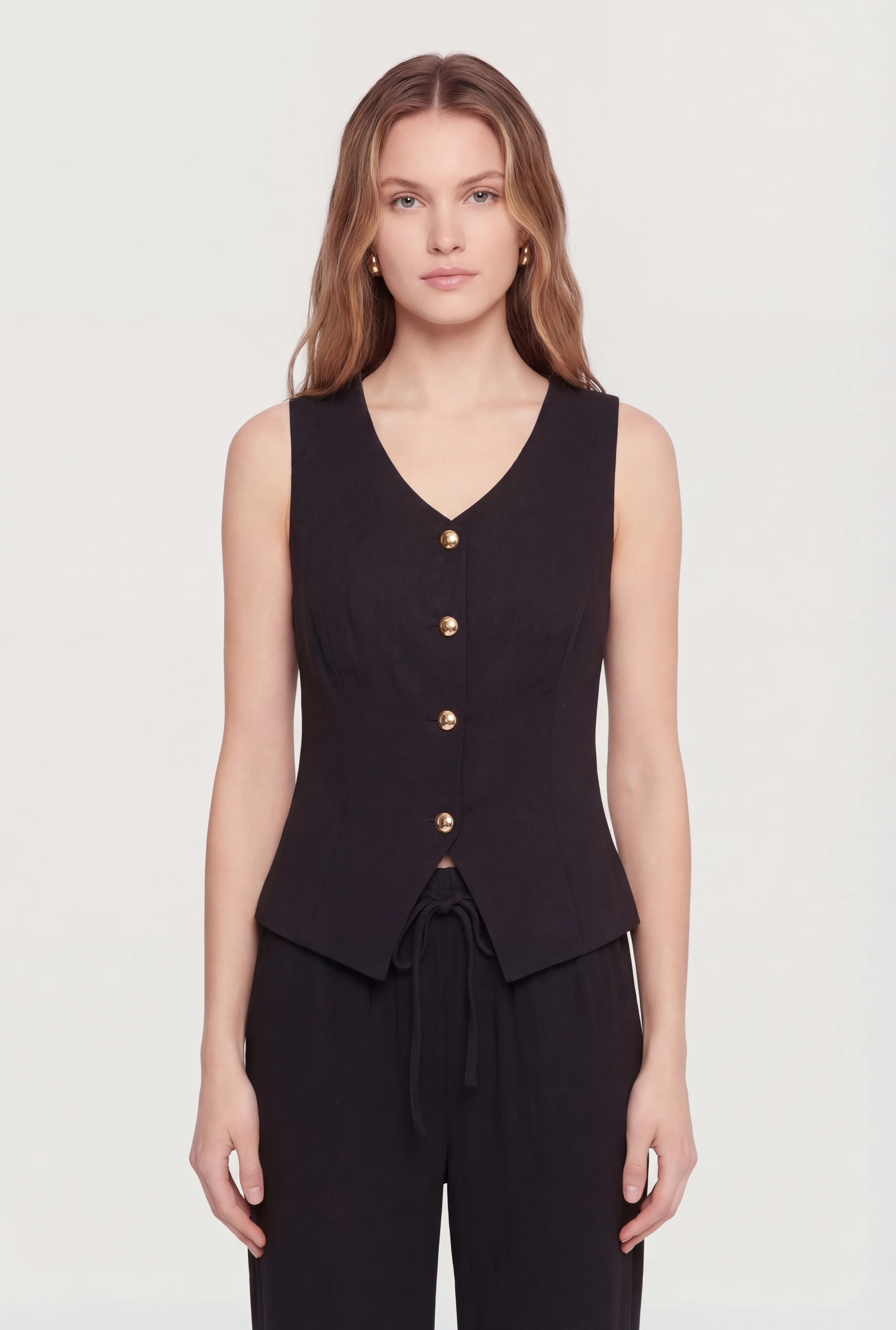 Linen V Neck Button Front Vest
