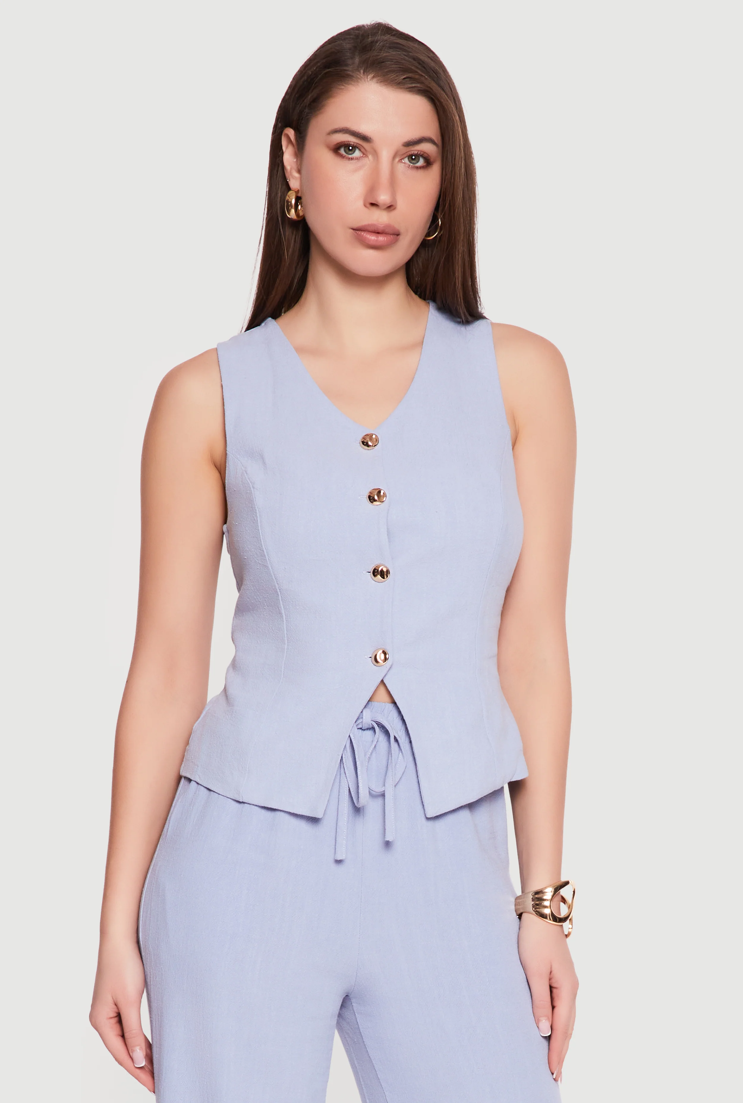 Linen V Neck Button Front Vest