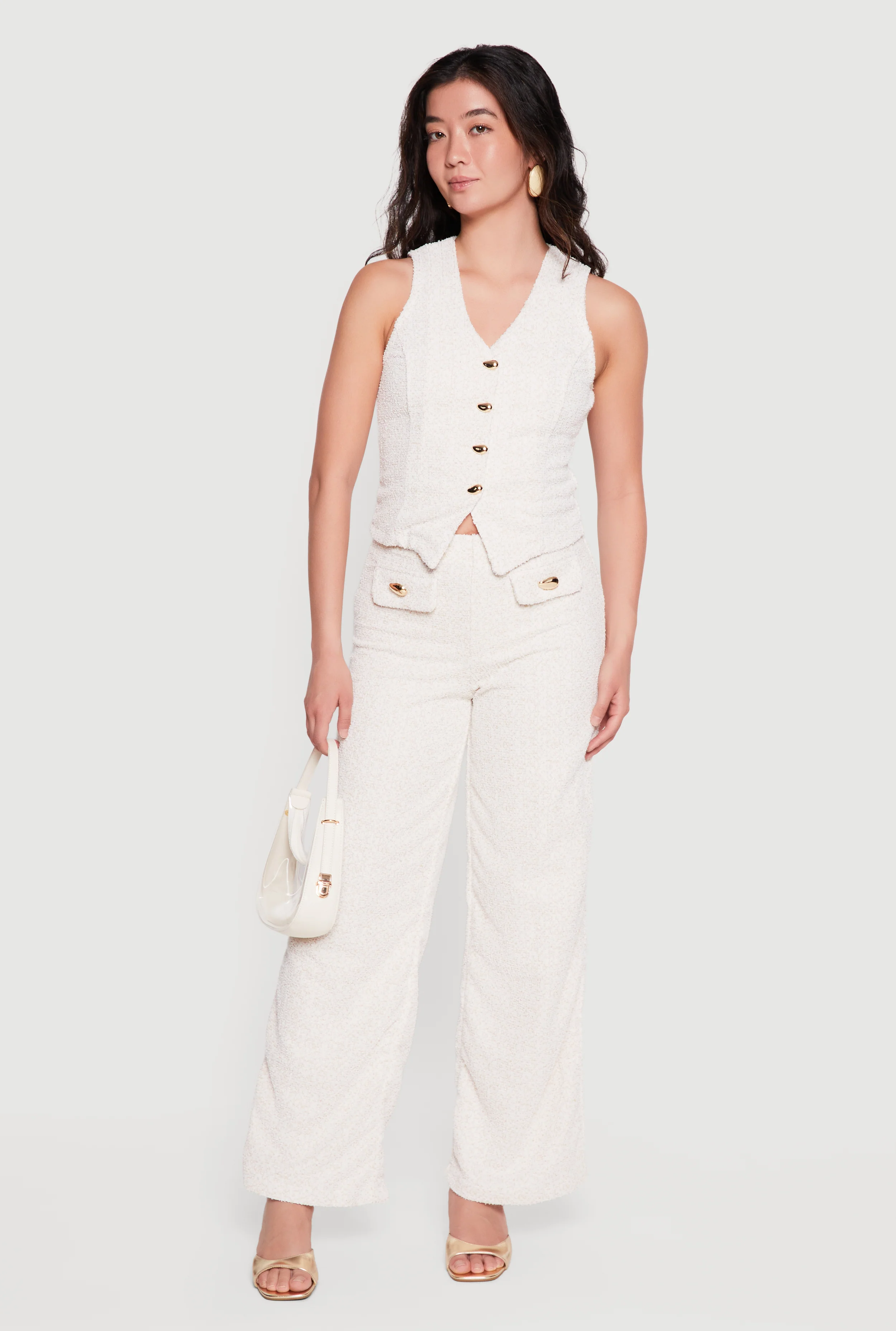 Boucle Flap Pocket Detail Wide Leg Pants