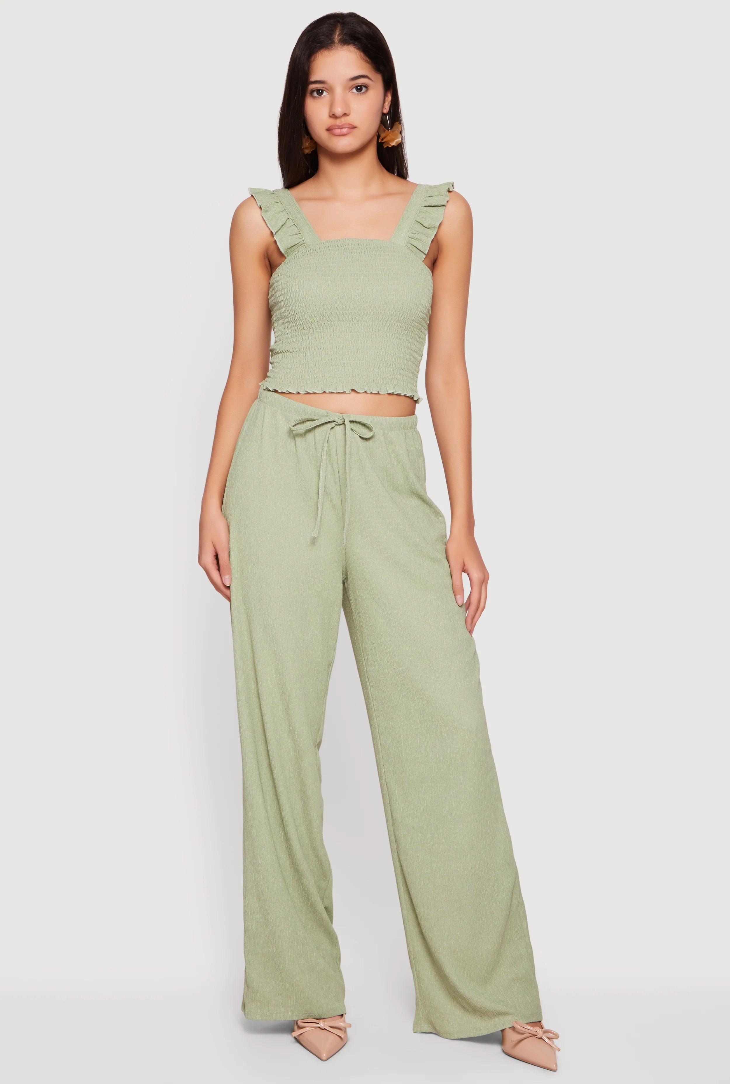 Drawstring High Waisted Wide Leg Textured Knit Pants