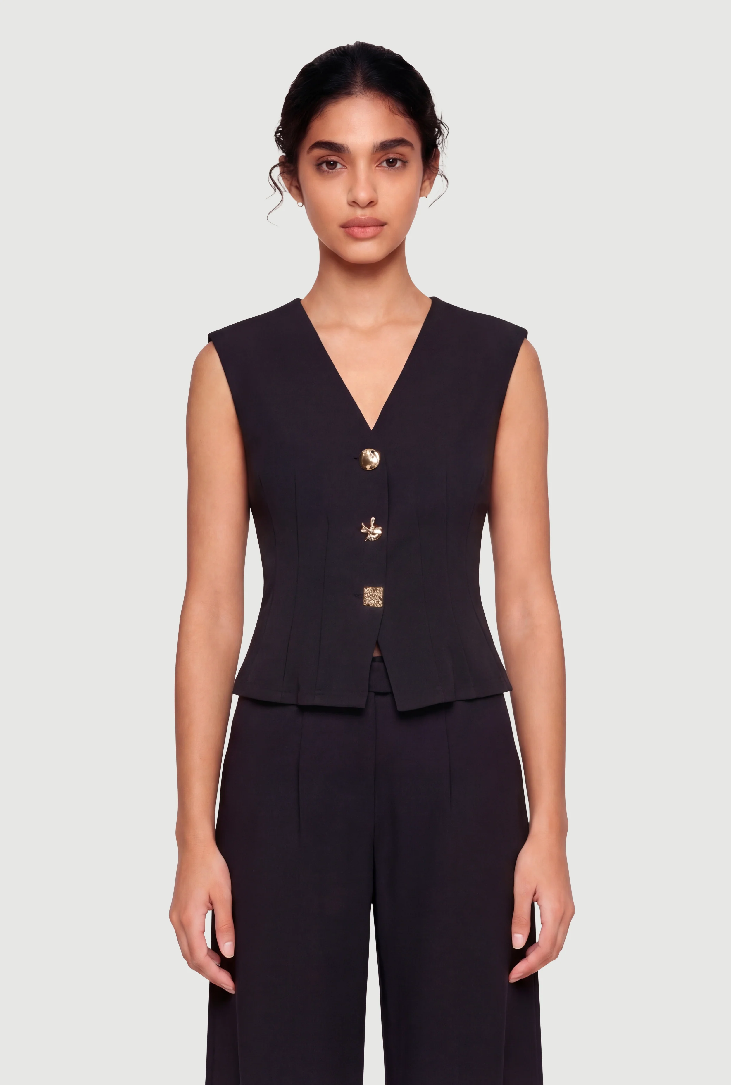 Metallic Button Front Crepe Knit Waistcoat
