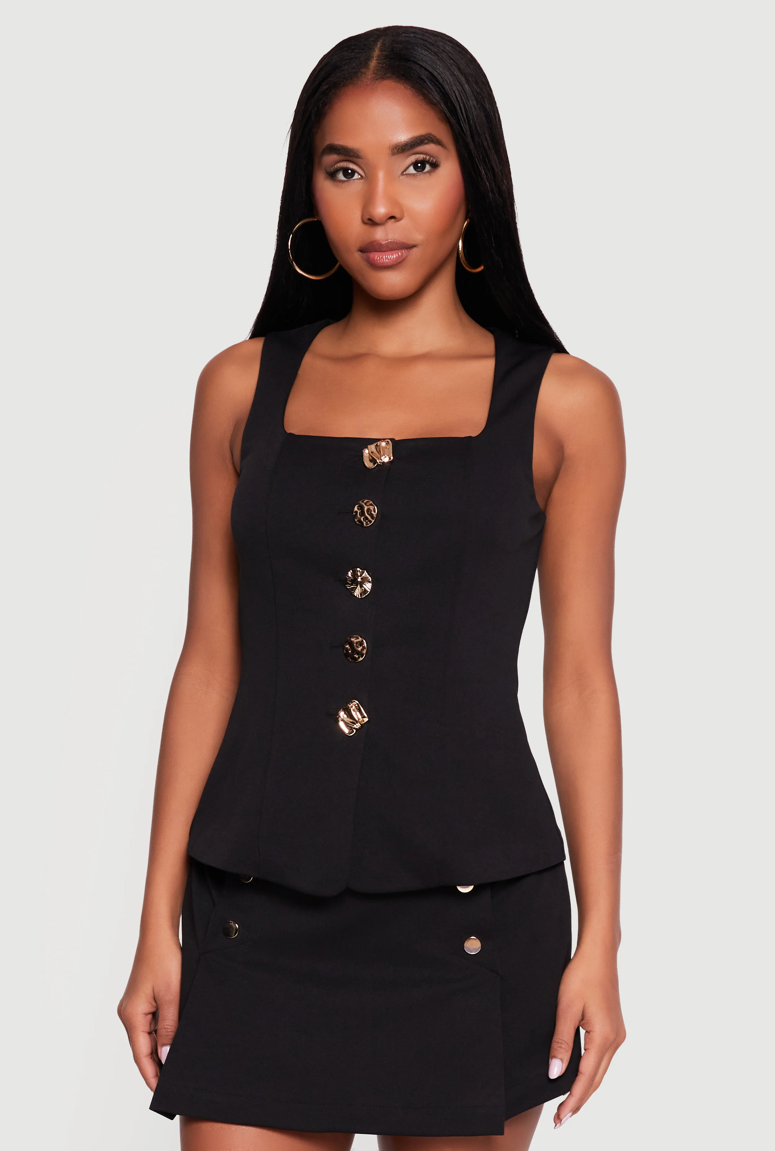 Metallic Button Front Square Neck Waistcoat