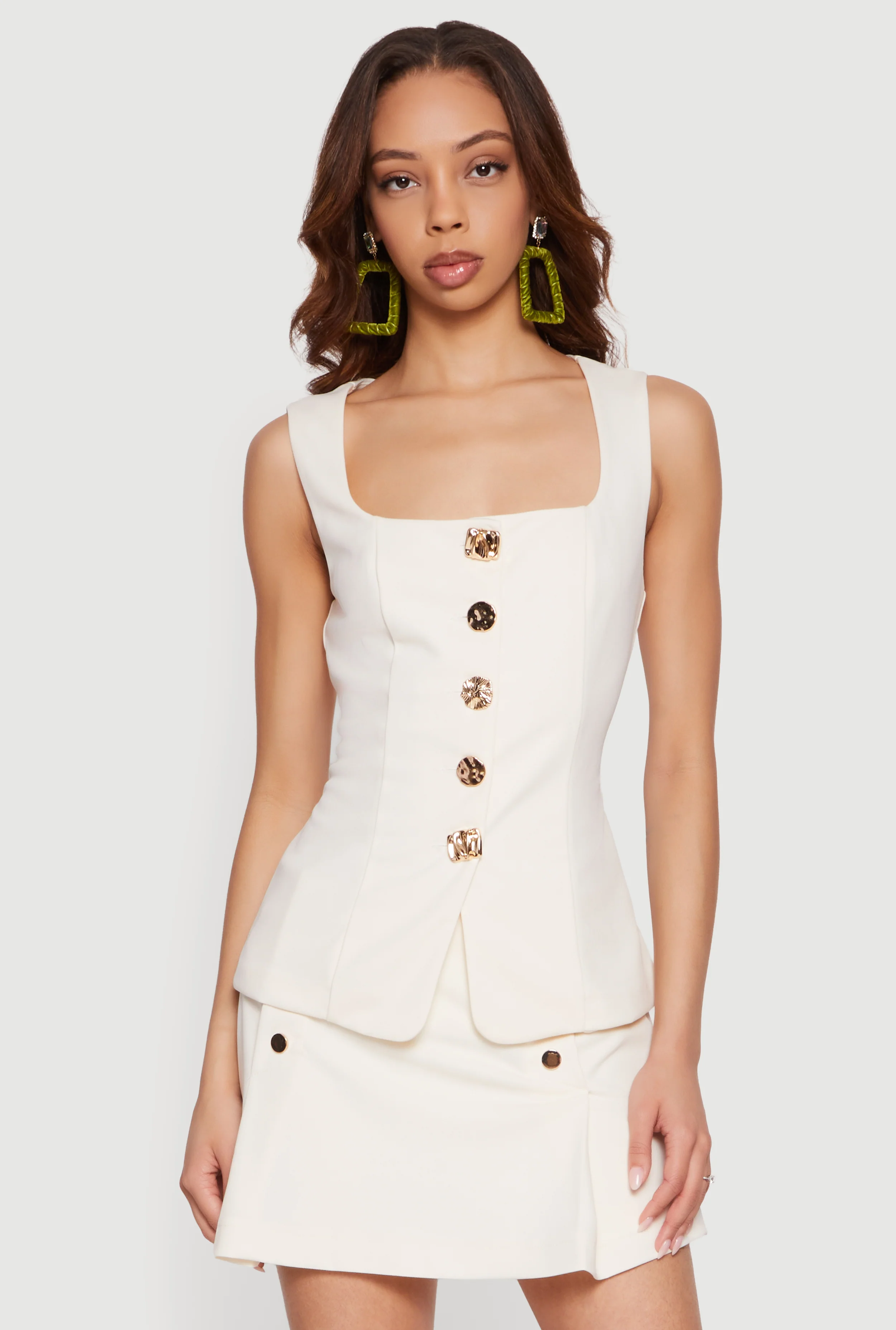 Metallic Button Front Square Neck Waistcoat
