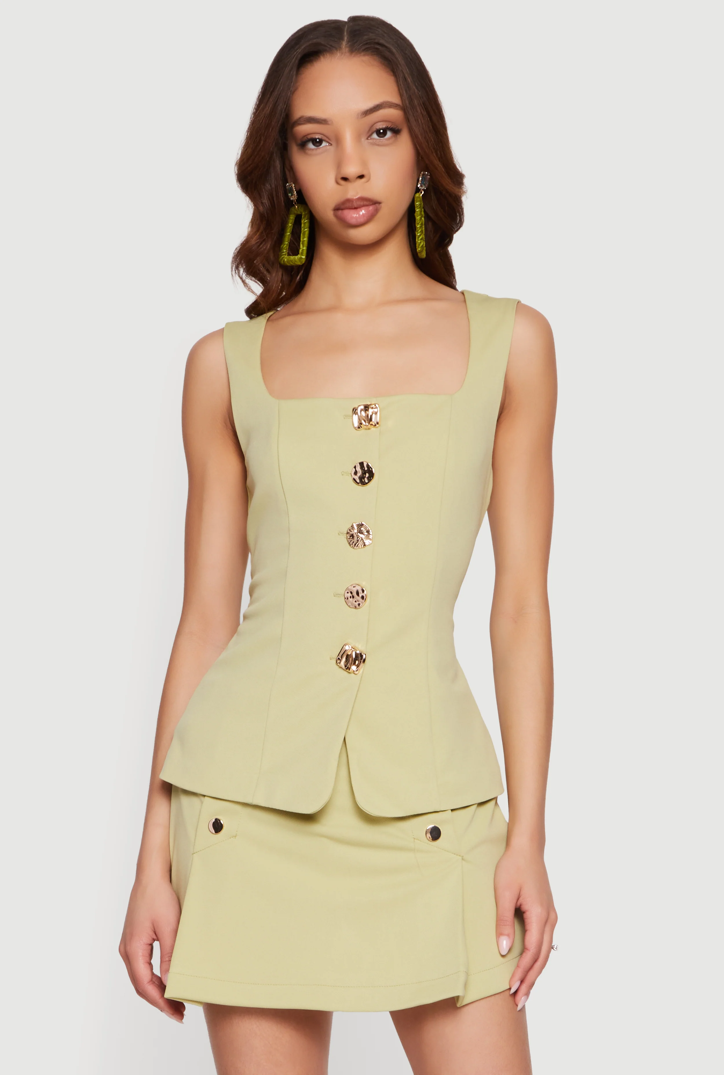Metallic Button Front Square Neck Waistcoat