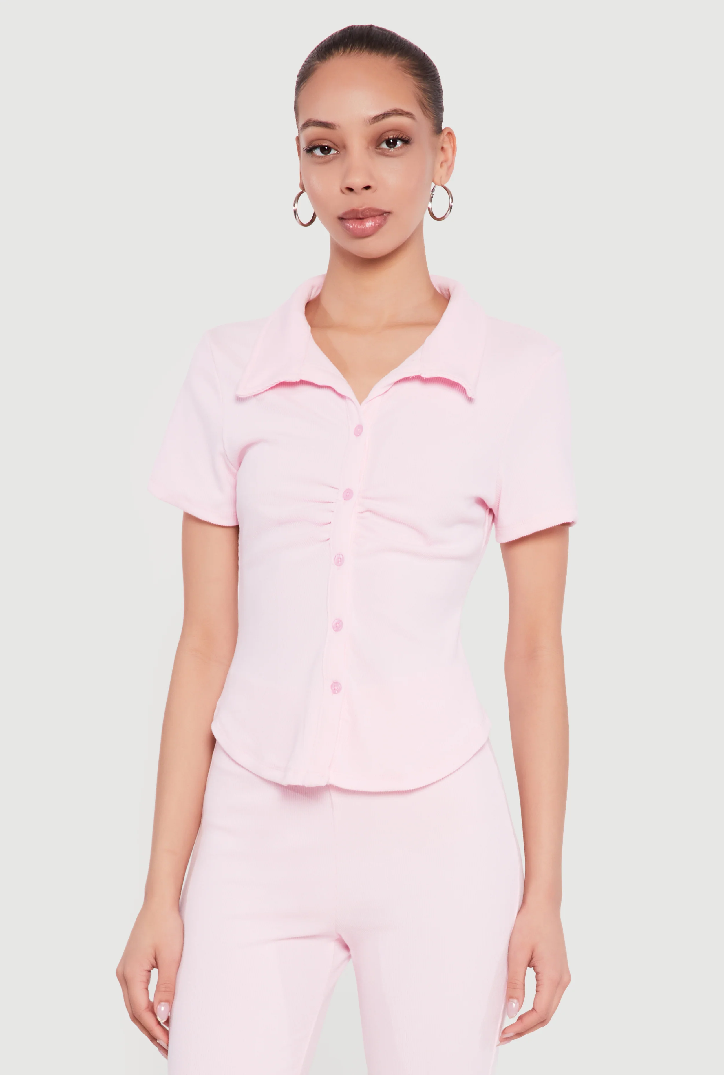 Brushed Rib Knit Ruched Button Front Shirt
