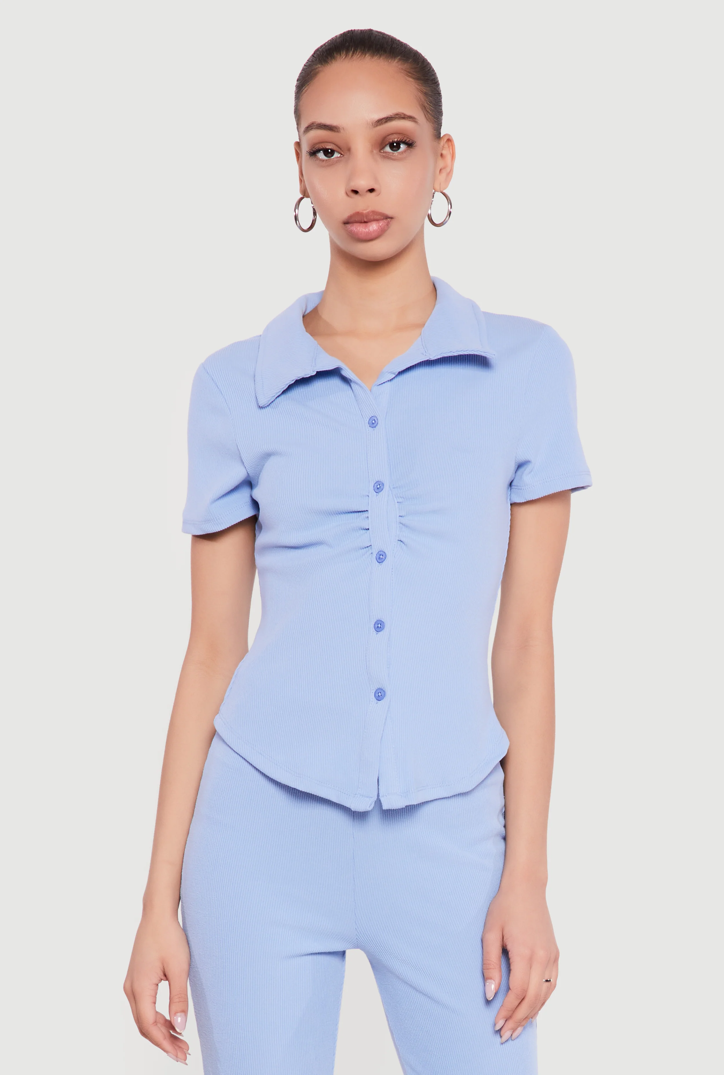 Brushed Rib Knit Ruched Button Front Shirt