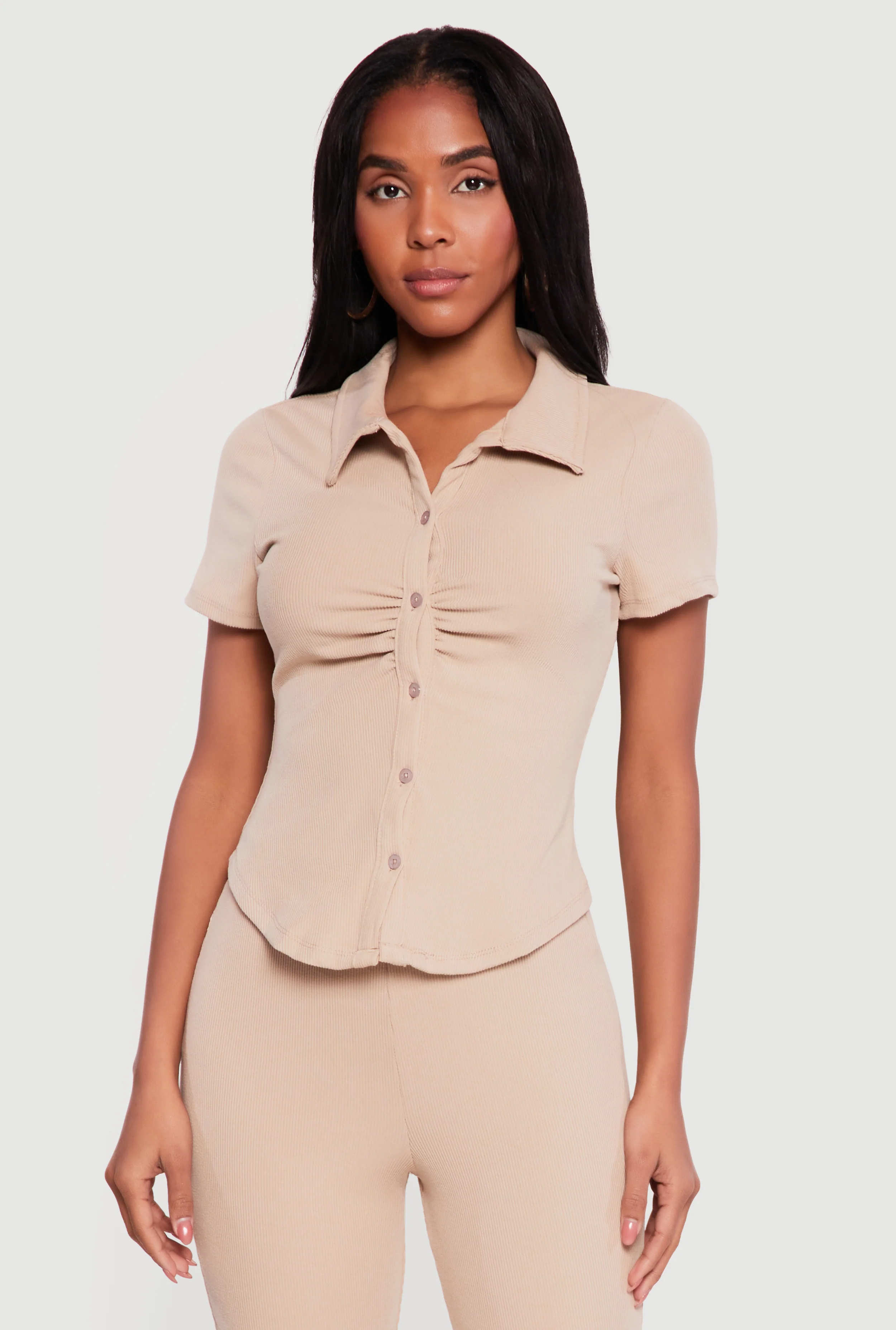Brushed Rib Knit Ruched Button Front Shirt