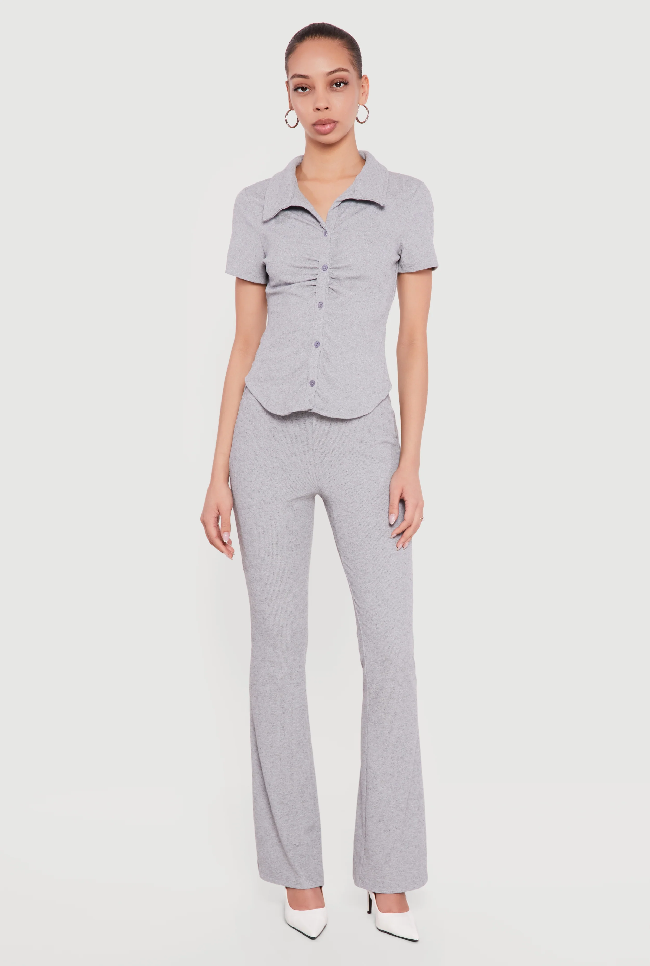 Brushed Rib Knit High Waisted Pull On Flare Pants