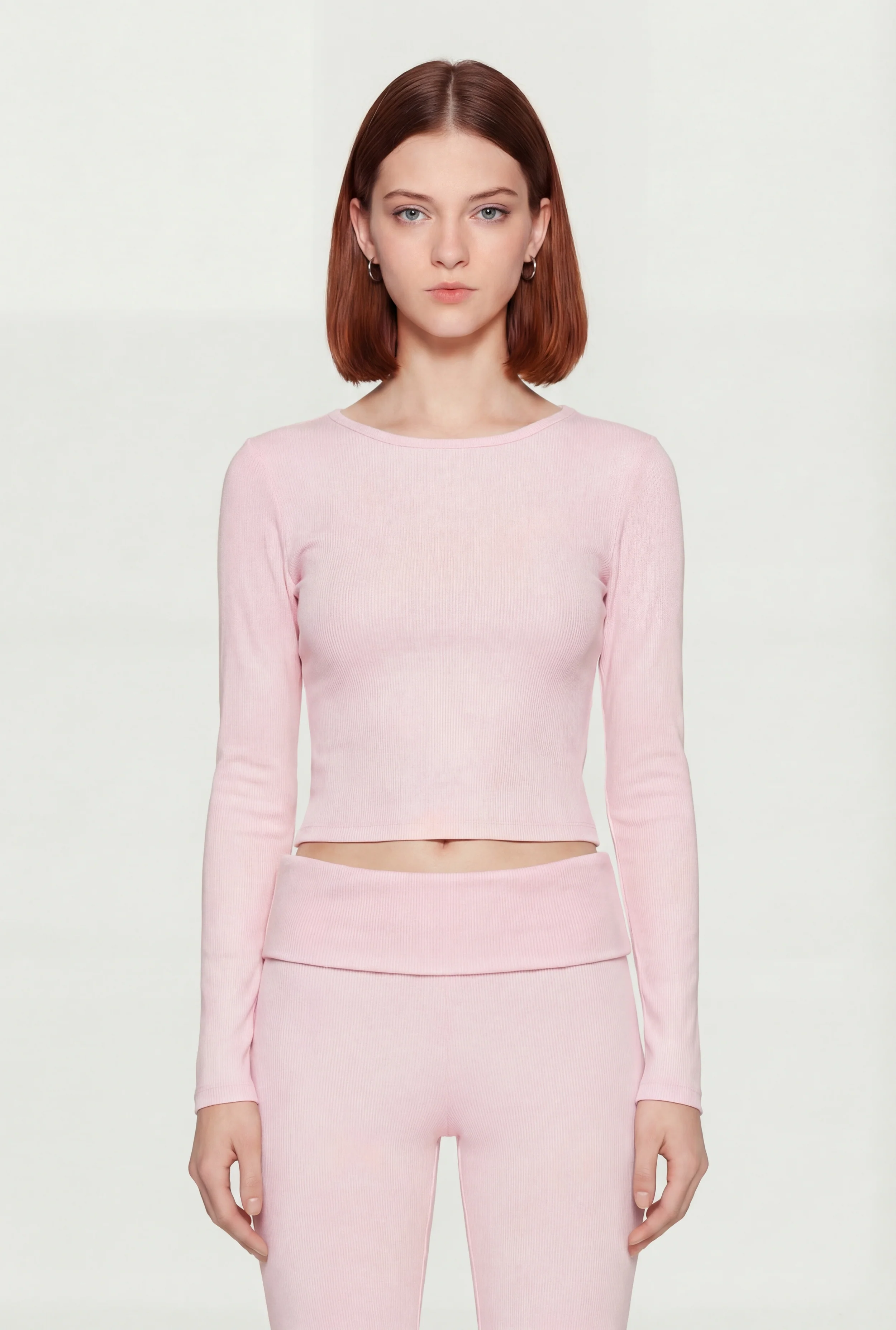 Rib Knit Long Sleeve Crew Neck Crop Top