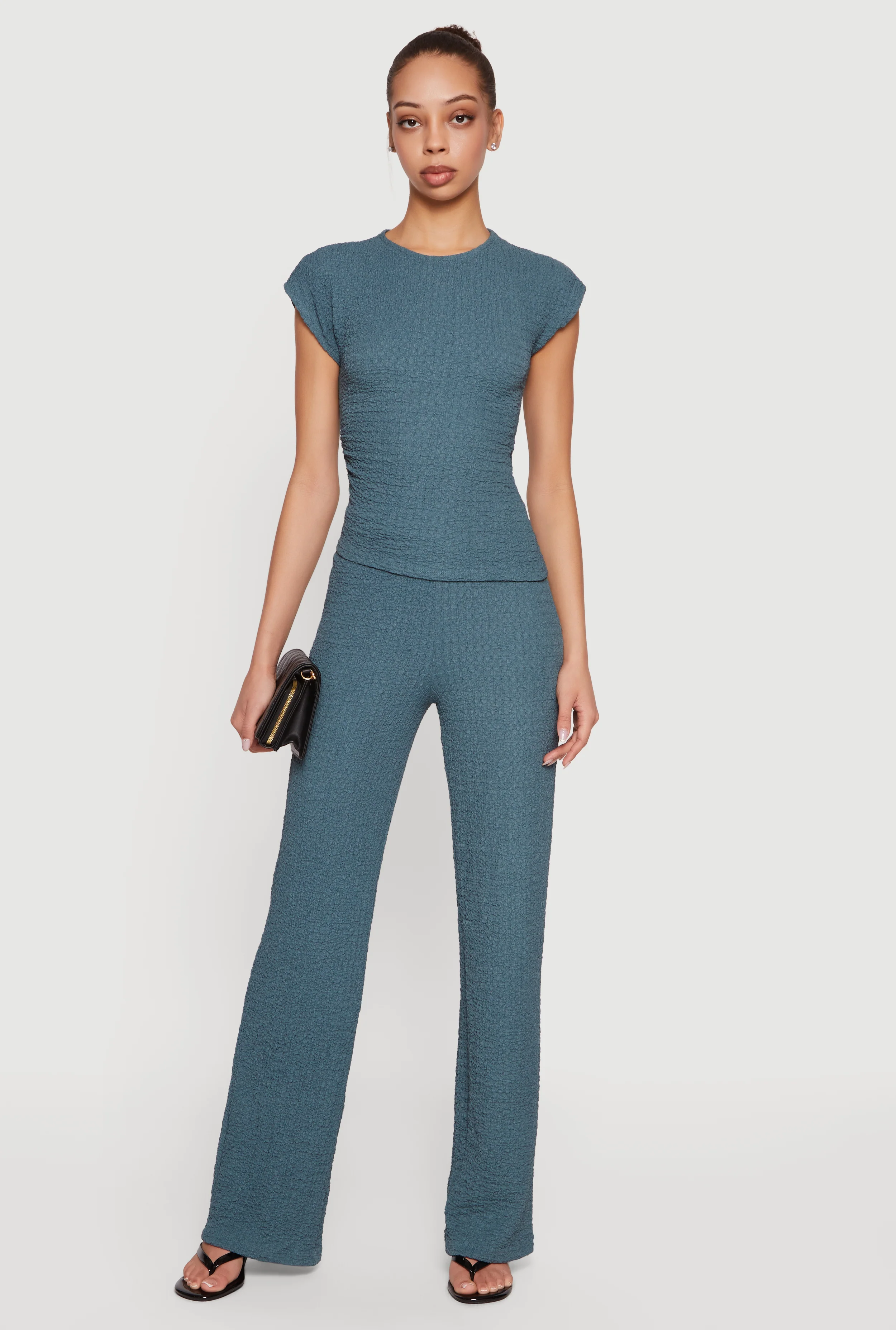 Mid Rise Textured Knit Straight Leg Pants