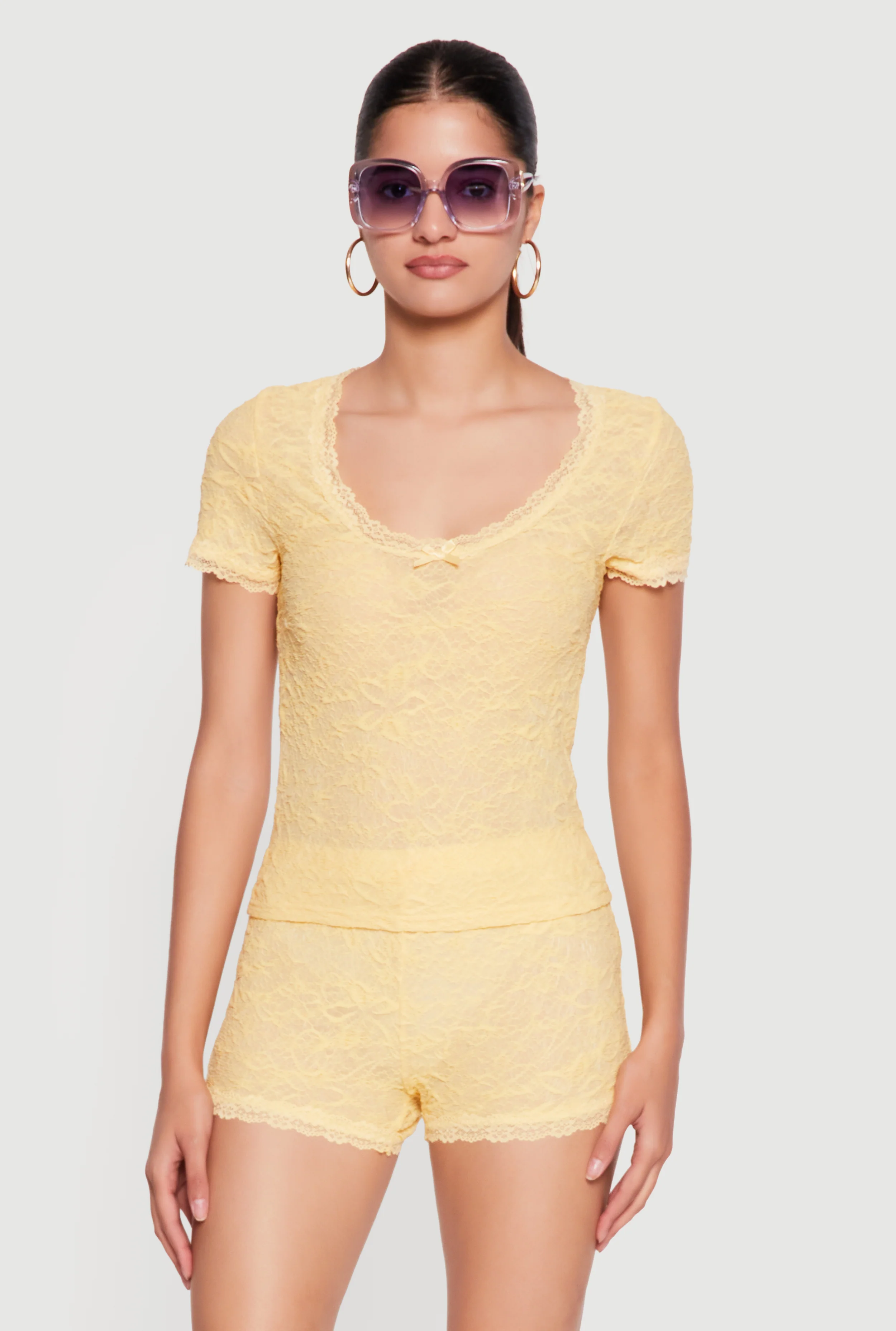 Scalloped Lace Trim Short Sleeve Crop Top