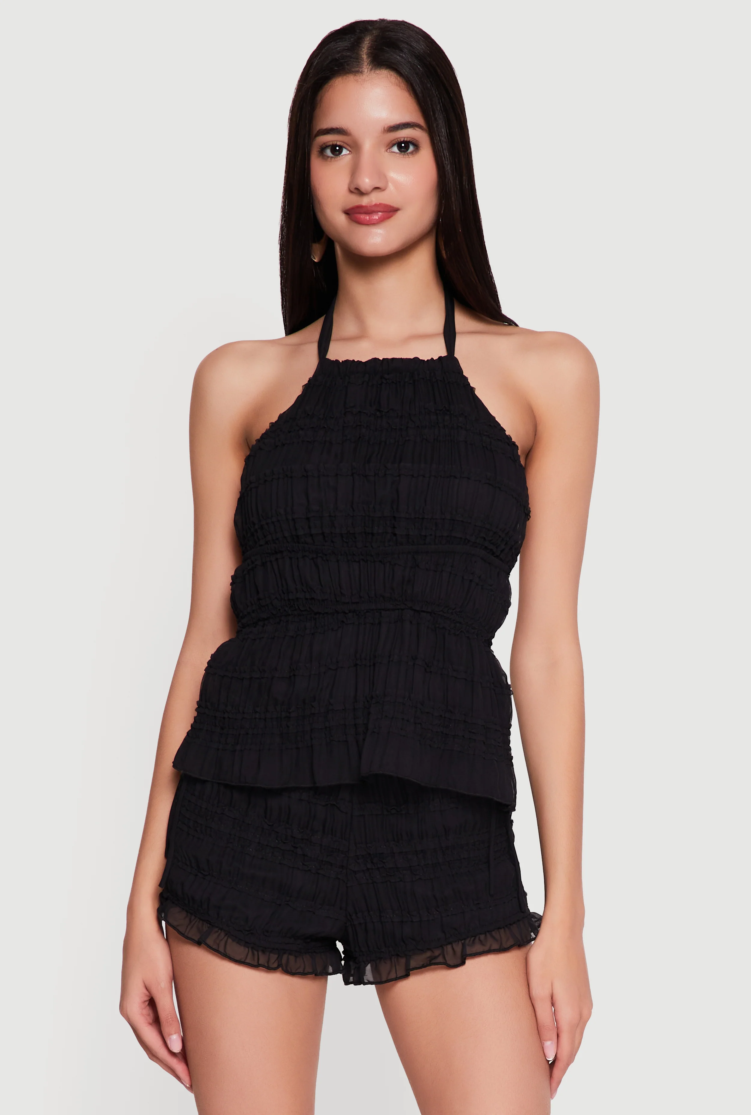 Mesh Ruffled Tie Neck Halter Top