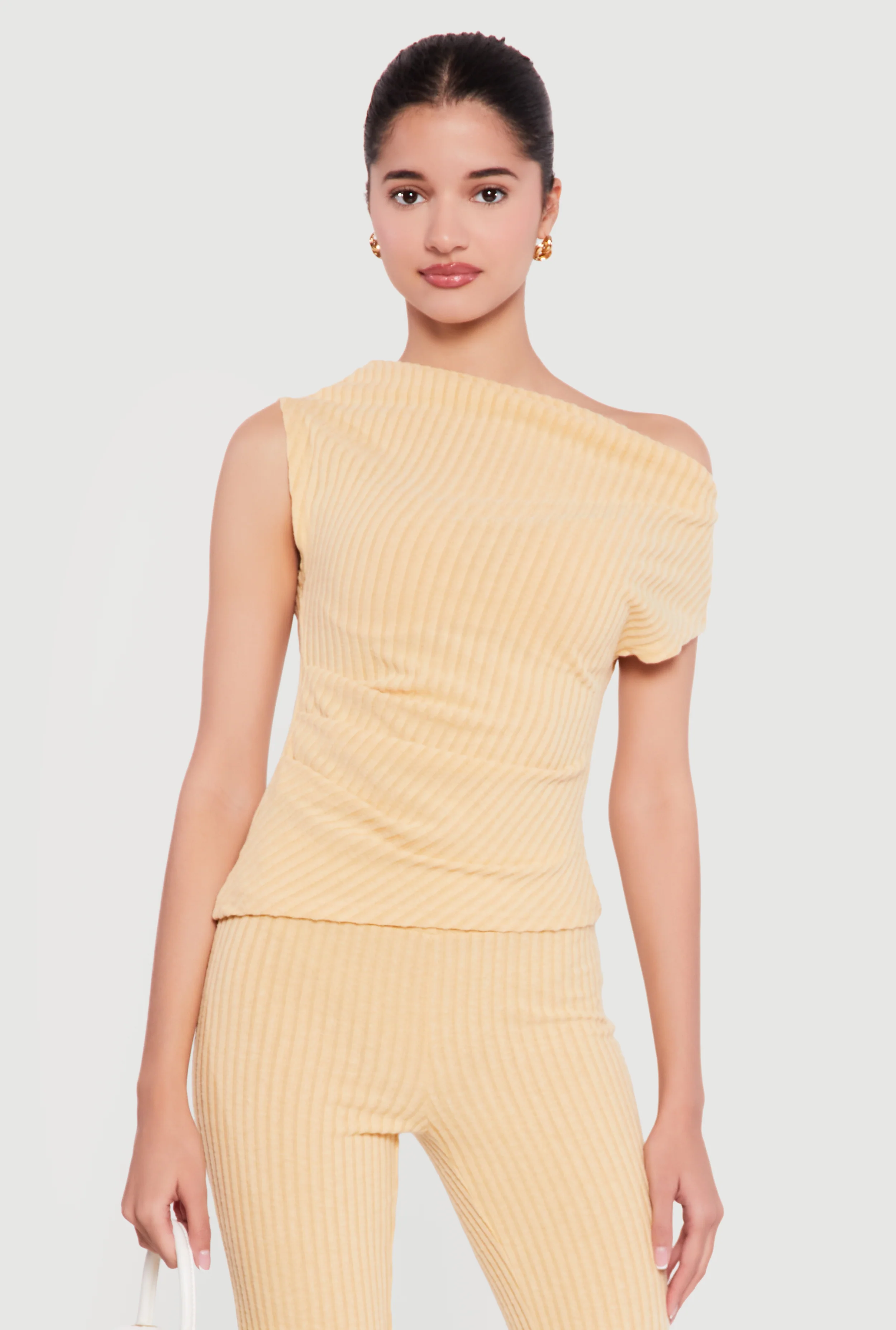 One Shoulder Rib Knit Side Ruched Blouse